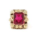 Vintage Created Ruby Ring - Retro 14k Yellow Gold French Cut Rectangular Red Gem Flower Statement - Circa 1940s Size 5 Floral Fine Jewelry