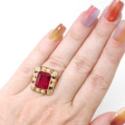 Vintage Created Ruby Ring - Retro 14k Yellow Gold French Cut Rectangular Red Gem Flower Statement - Circa 1940s Size 5 Floral Fine Jewelry