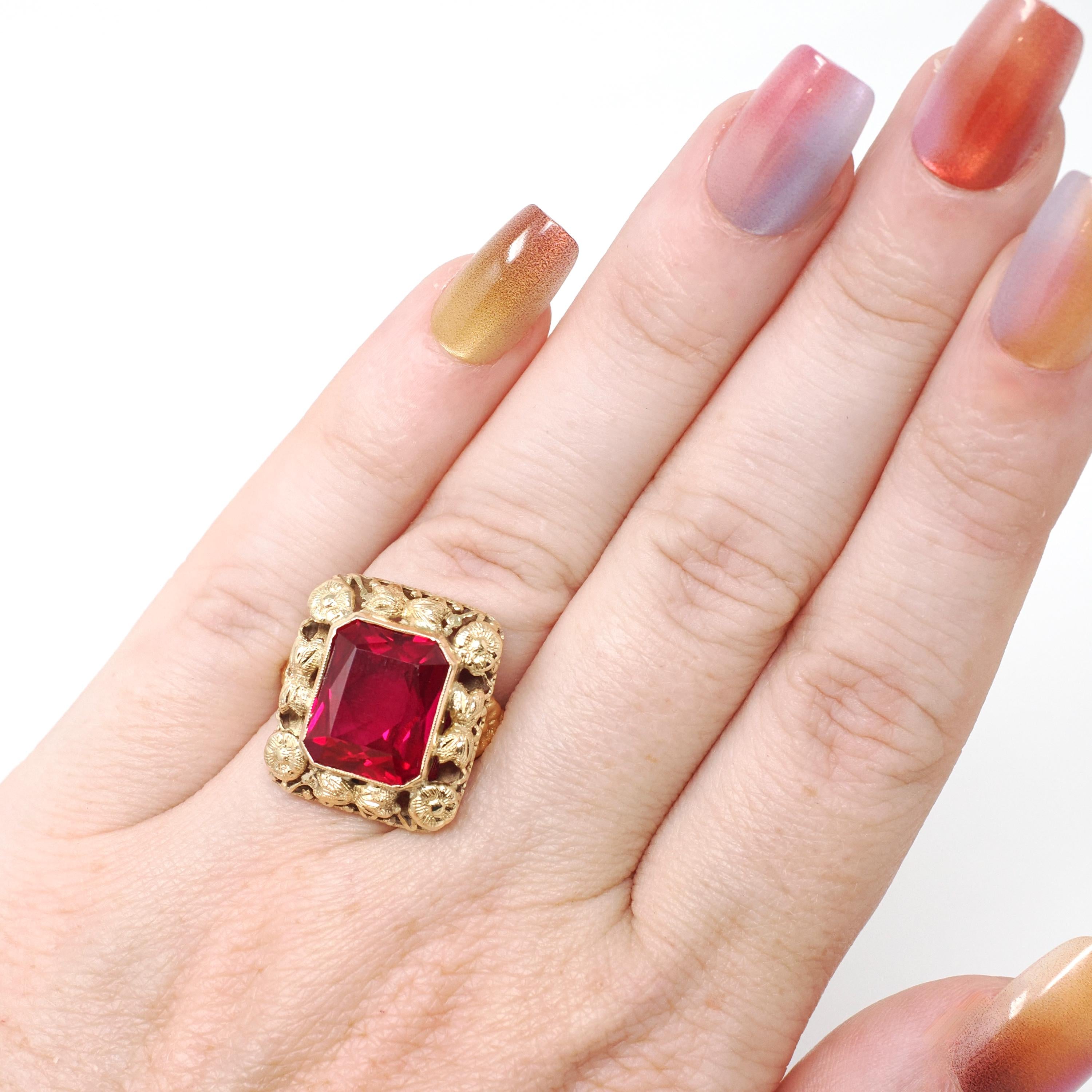 Vintage Created Ruby Ring - Retro 14k Yellow Gold French Cut Rectangular Red Gem Flower Statement - Circa 1940s Size 5 Floral Fine Jewelry