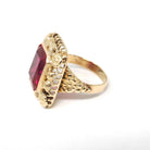 Vintage Created Ruby Ring - Retro 14k Yellow Gold French Cut Rectangular Red Gem Flower Statement - Circa 1940s Size 5 Floral Fine Jewelry
