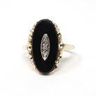 Vintage Onyx Ring - Mid Century 10k Yellow Gold Black Chalcedony & .02 CT Natural Diamond - Circa 1940s Era Size 8.5 Statement Fine Jewelry