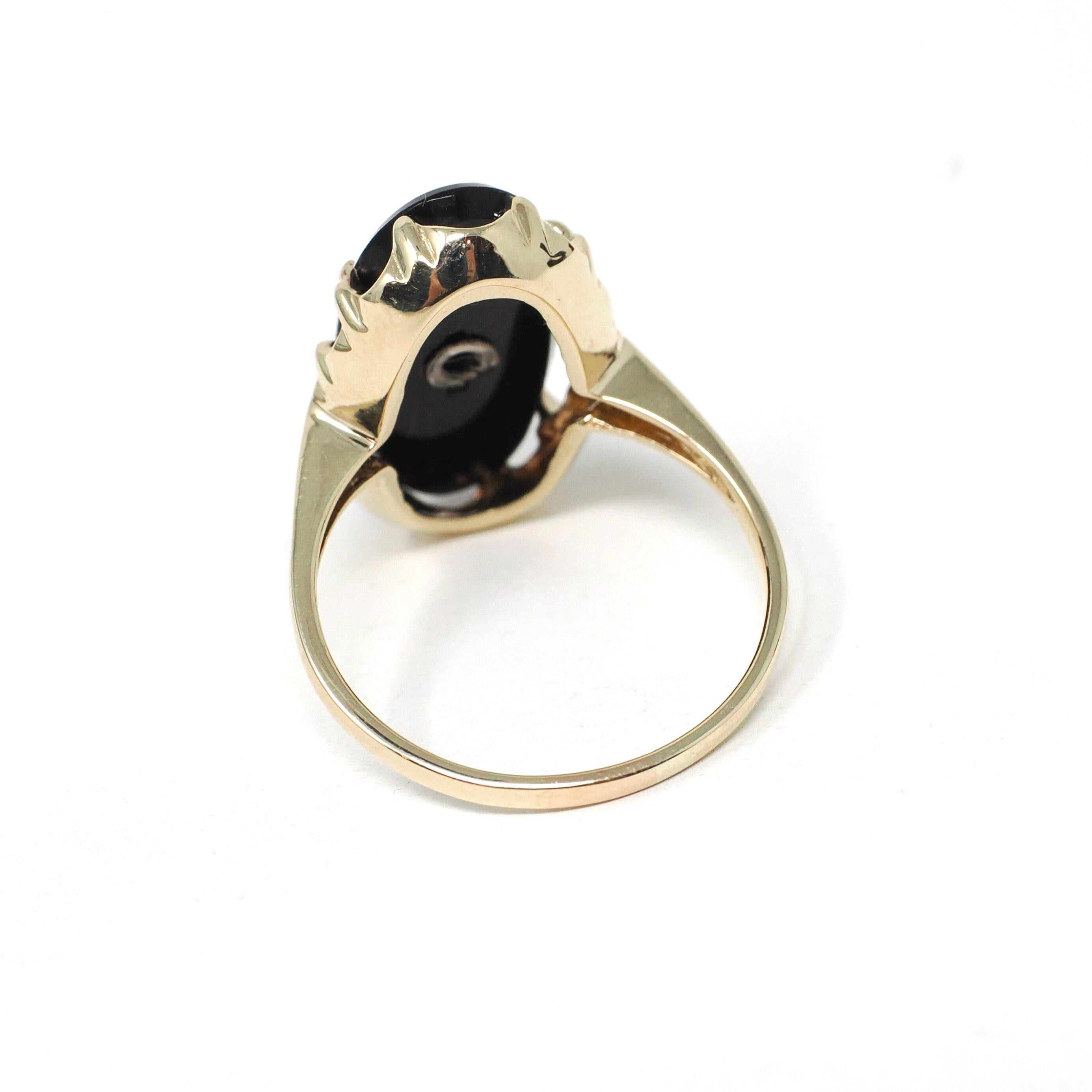 Vintage Onyx Ring - Mid Century 10k Yellow Gold Black Chalcedony & .02 CT Natural Diamond - Circa 1940s Era Size 8.5 Statement Fine Jewelry