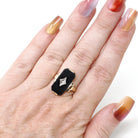 Vintage Onyx Ring - Mid Century 10k Yellow Gold Black Chalcedony & Natural Diamond - Circa 1940s Size 6 1/2 Statement Fine Two Tone Jewelry