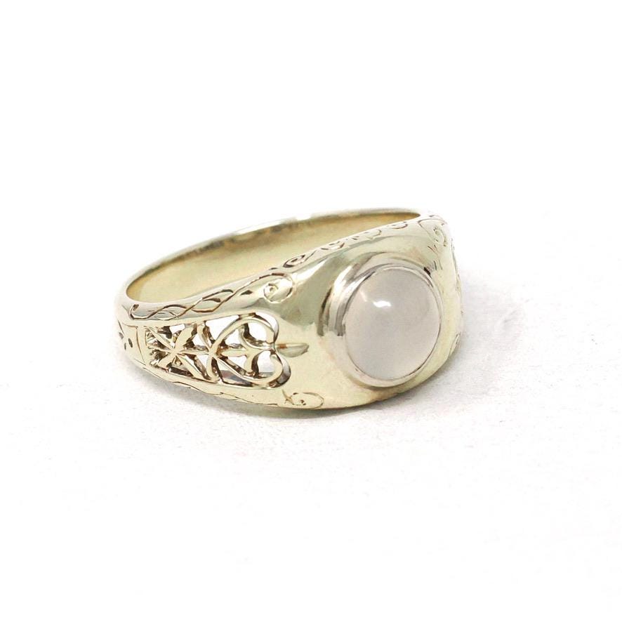 Edwardian Moonstone Ring - Antique 14k White Gold Natural Bezel Feldspar Gemstone Statement - Estate Size 9 Heart XO Filigree Fine Jewelry