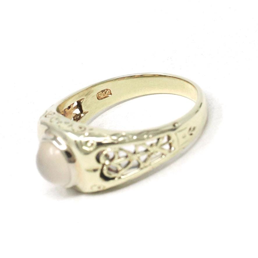 Edwardian Moonstone Ring - Antique 14k White Gold Natural Bezel Feldspar Gemstone Statement - Estate Size 9 Heart XO Filigree Fine Jewelry