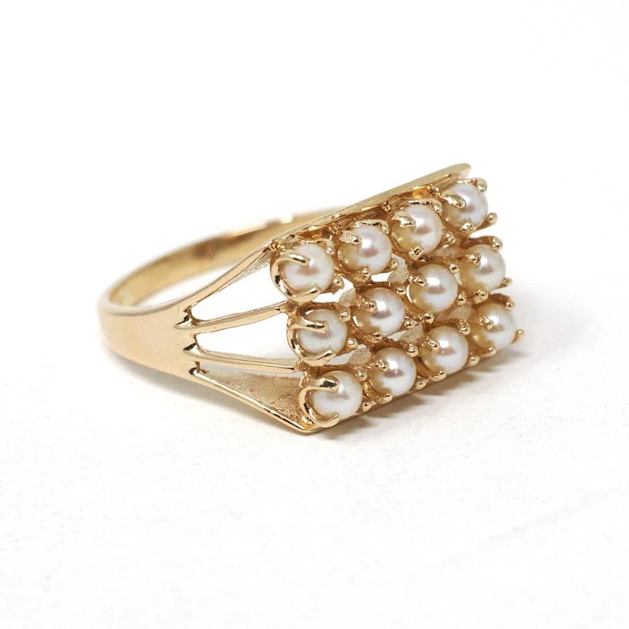 Vintage Pearl Cluster Ring - Retro 14k Yellow Gold Cultured Gems - Circa 1960s Statement Size 9 1/4 June Birthstone Egg Carton Fine Jewelry