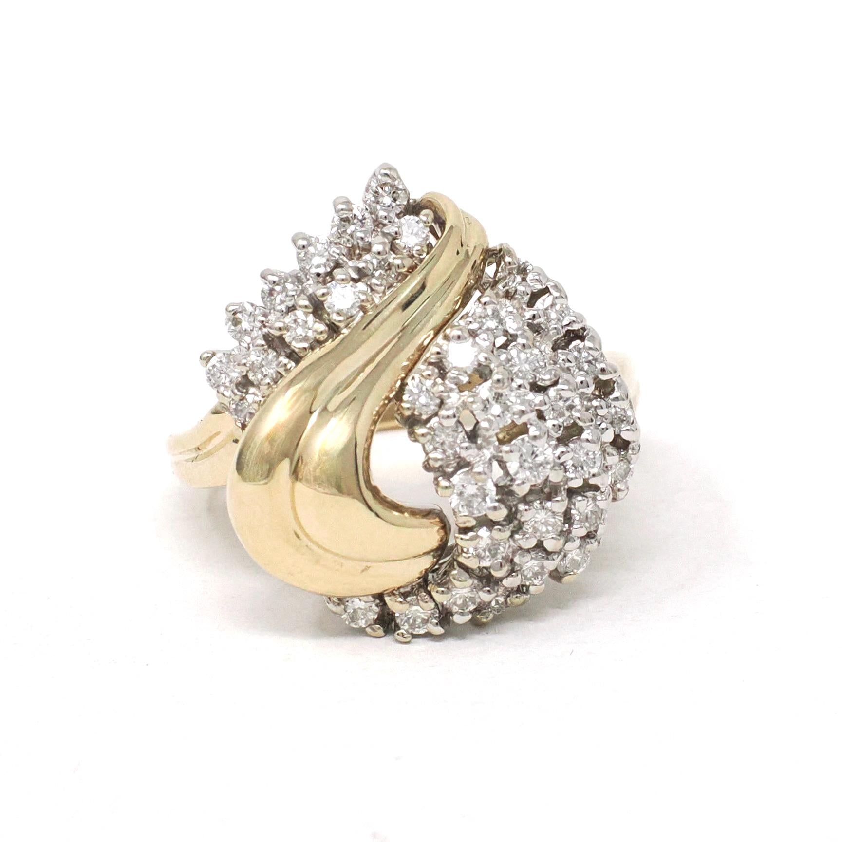 Diamond Cluster Ring - Retro Era 14k Yellow & White Gold .82 CTW Diamond Cocktail Statement - Vintage 1980s Size 7 1/2 Teardrop Fine Jewelry