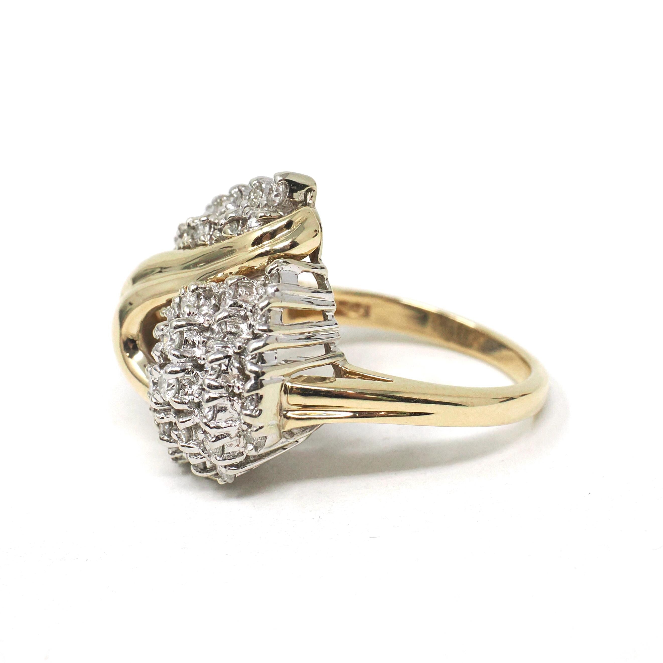Diamond Cluster Ring - Retro Era 14k Yellow & White Gold .82 CTW Diamond Cocktail Statement - Vintage 1980s Size 7 1/2 Teardrop Fine Jewelry