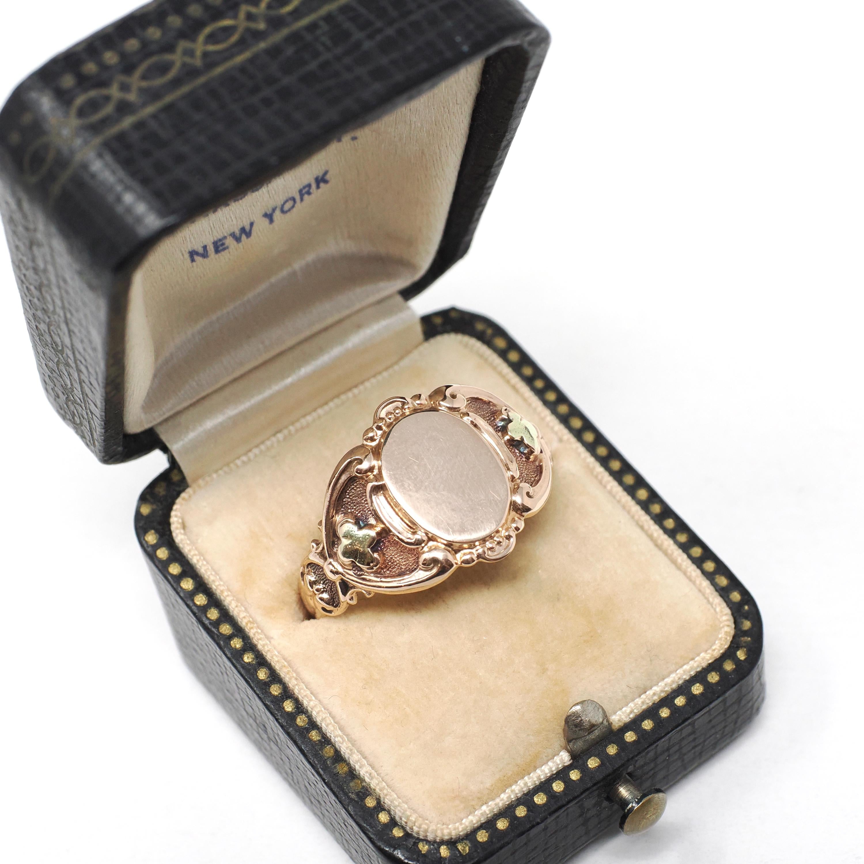 Antique Signet Ring - Art Deco 10k Rose & Yellow Gold Blank Oval Statement - Dated 1922 Inscribed EDG Size 12 Personalizable Fine OB Jewelry