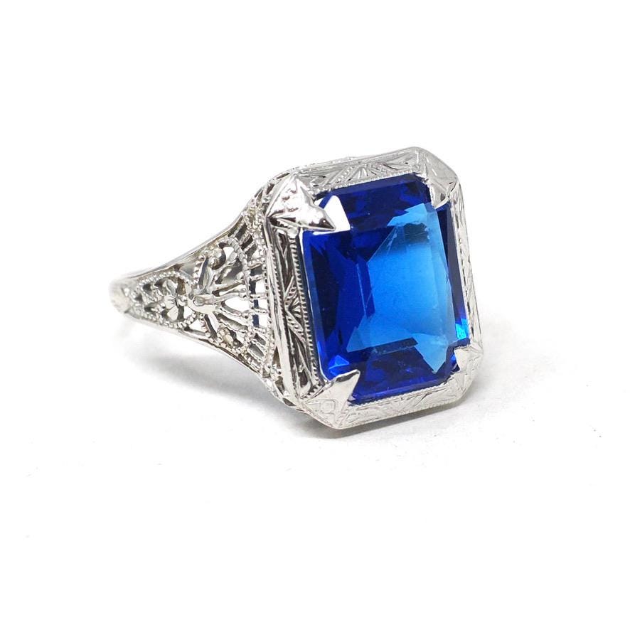 Art Deco Ring - Vintage 14k White Gold Blue Glass Triplet Stone Simulated Sapphire - Antique Circa 1920s Size 5 1/2 Filigree Fine Jewelry