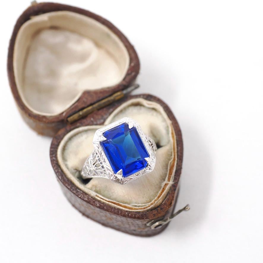 Art Deco Ring - Vintage 14k White Gold Blue Glass Triplet Stone Simulated Sapphire - Antique Circa 1920s Size 5 1/2 Filigree Fine Jewelry