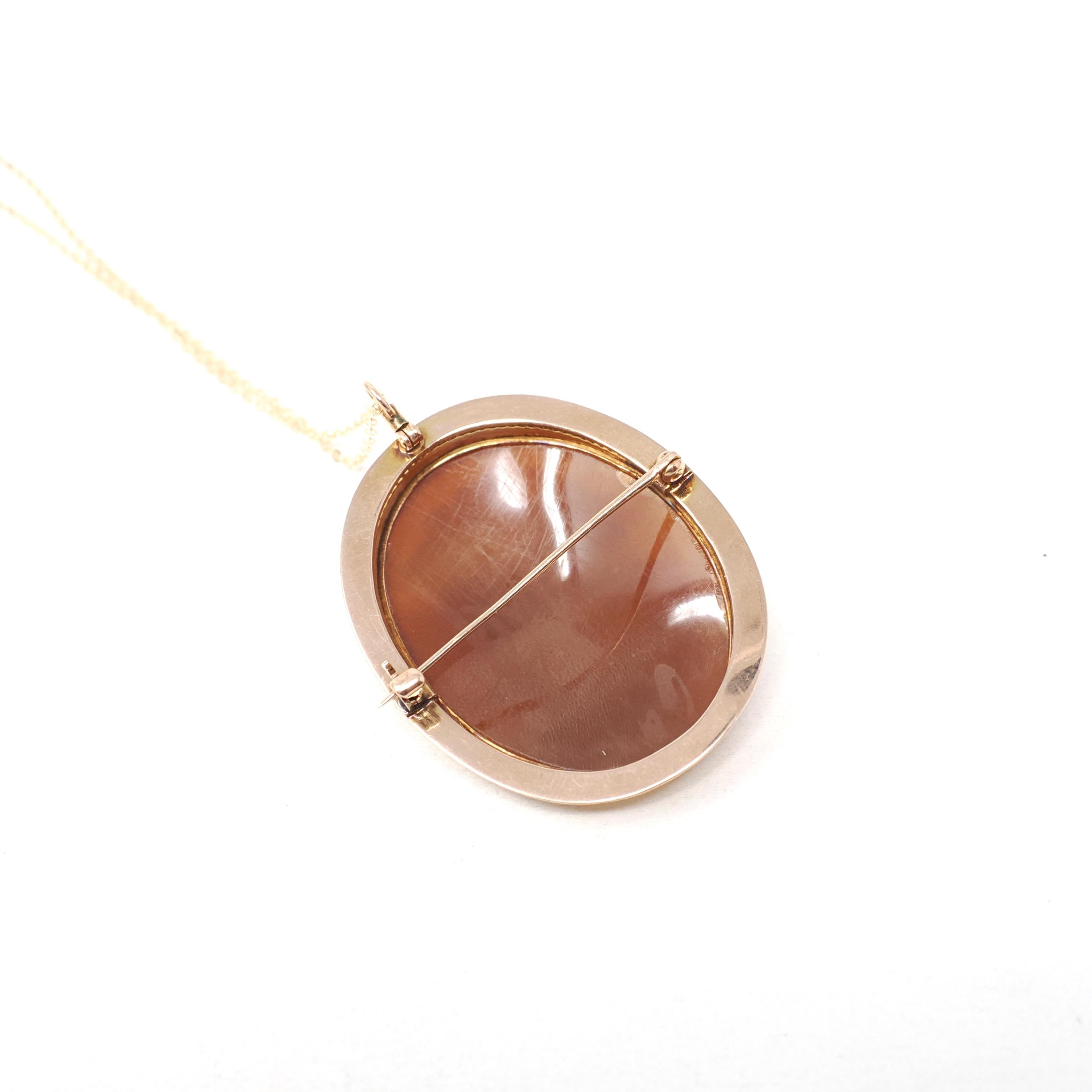Edwardian Cameo Pendant - 10k Rose Gold Carved Brown Shell Oval Portrait Necklace Brooch Pin - Circa 1910s Era Fine Convertible Jewelry