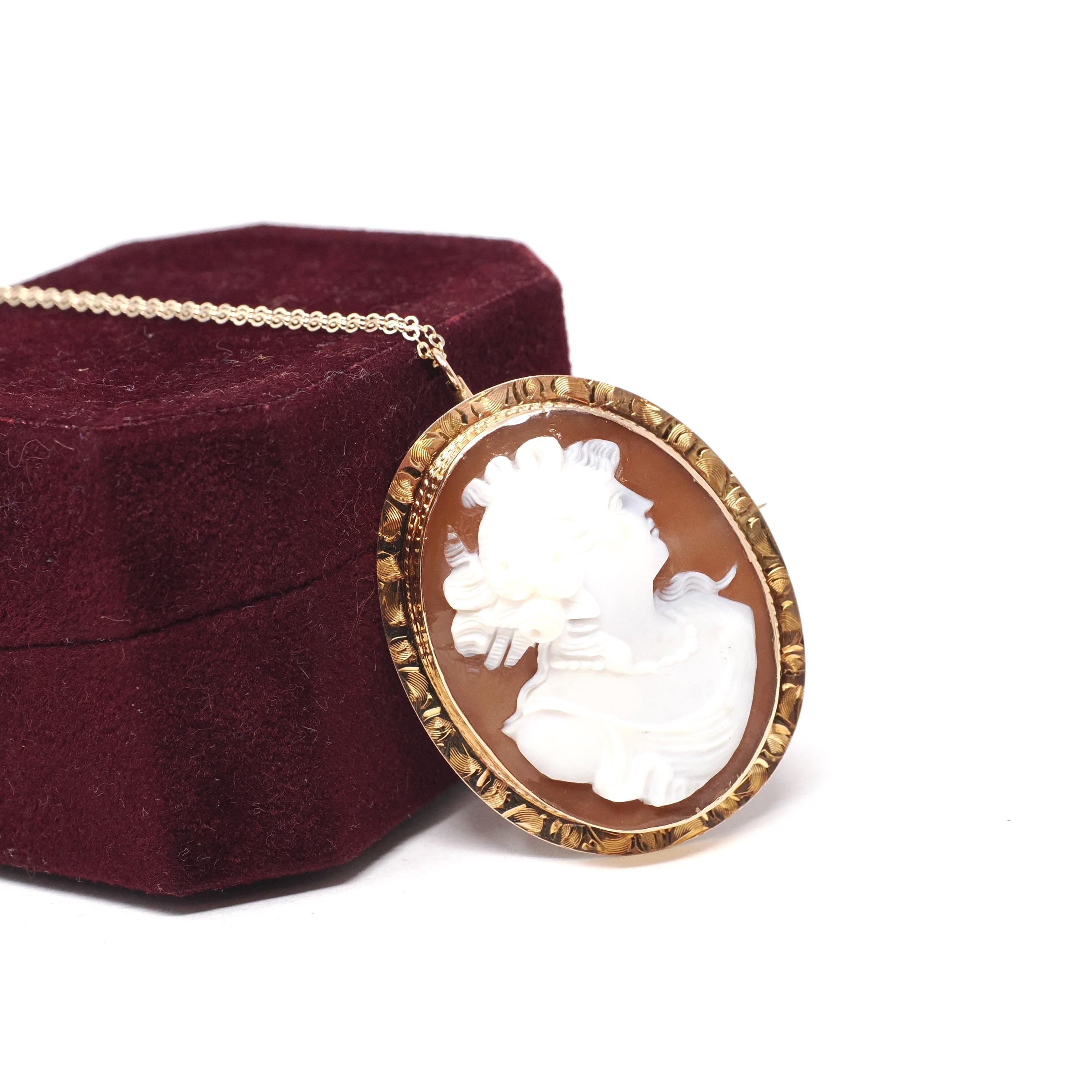 Edwardian Cameo Pendant - 10k Rose Gold Carved Brown Shell Oval Portrait Necklace Brooch Pin - Circa 1910s Era Fine Convertible Jewelry