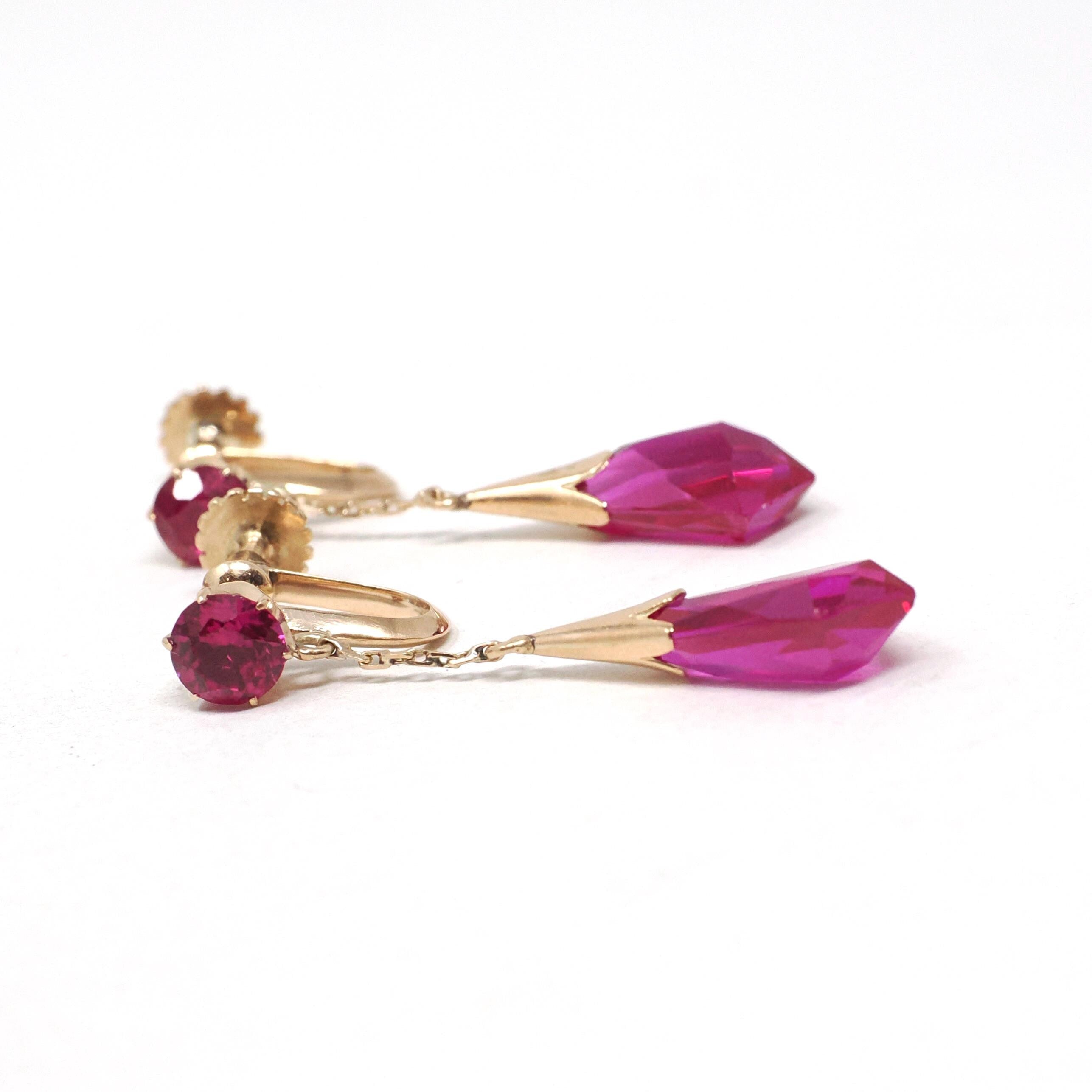 Created Ruby Earrings - Mid Century 14k Yellow Gold Red Fantasy Cut Screwback Drops - Circa 1940s Dangle Unpierced Statement Fine Jewelry