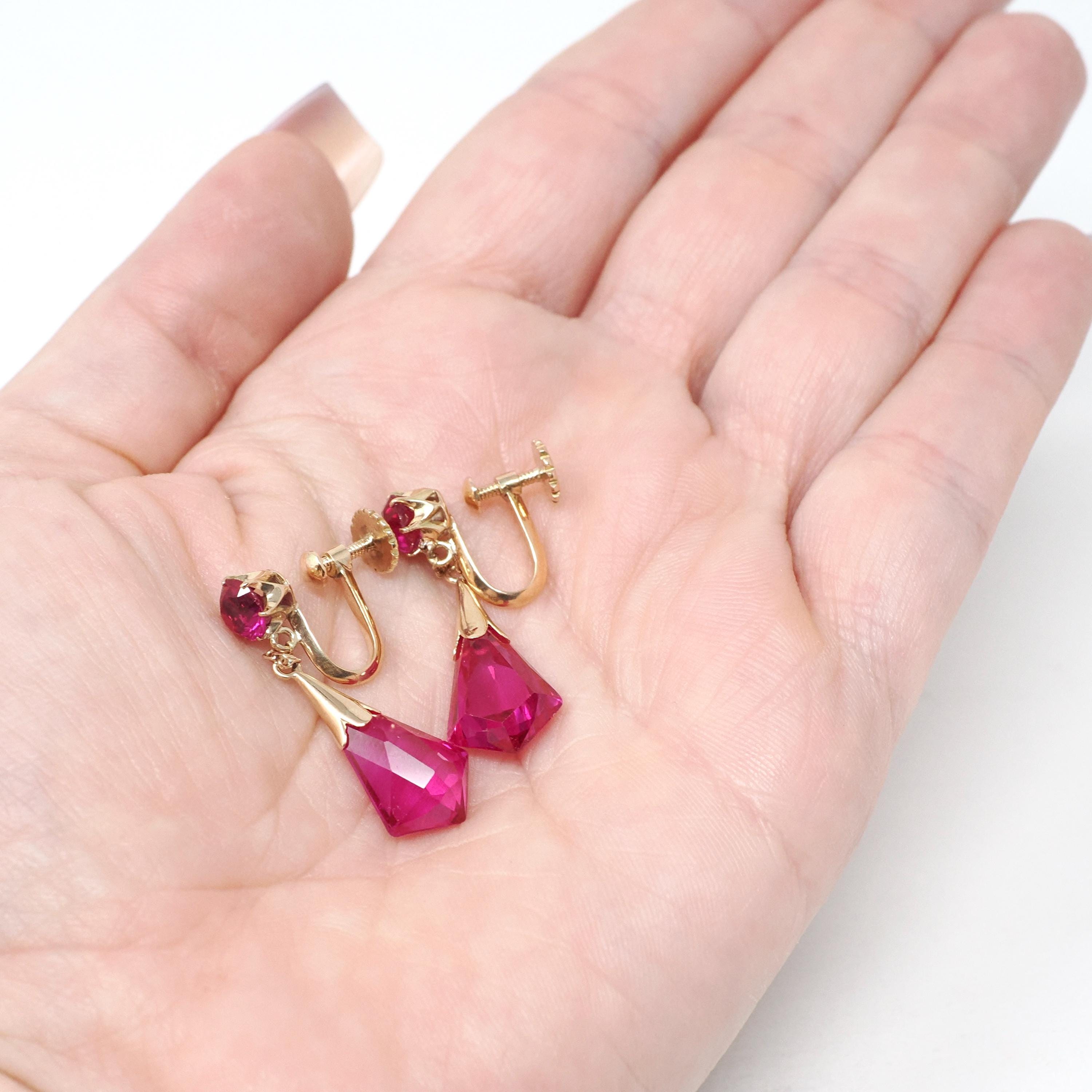 Created Ruby Earrings - Mid Century 14k Yellow Gold Red Fantasy Cut Screwback Drops - Circa 1940s Dangle Unpierced Statement Fine Jewelry