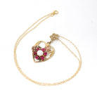 Gemstone Flower Heart Pendant - Mid Century 10k Yellow Rose Gold Opal Created Ruby Charm Necklace - Circa 1940s Era Fine Sweetheart Jewelry