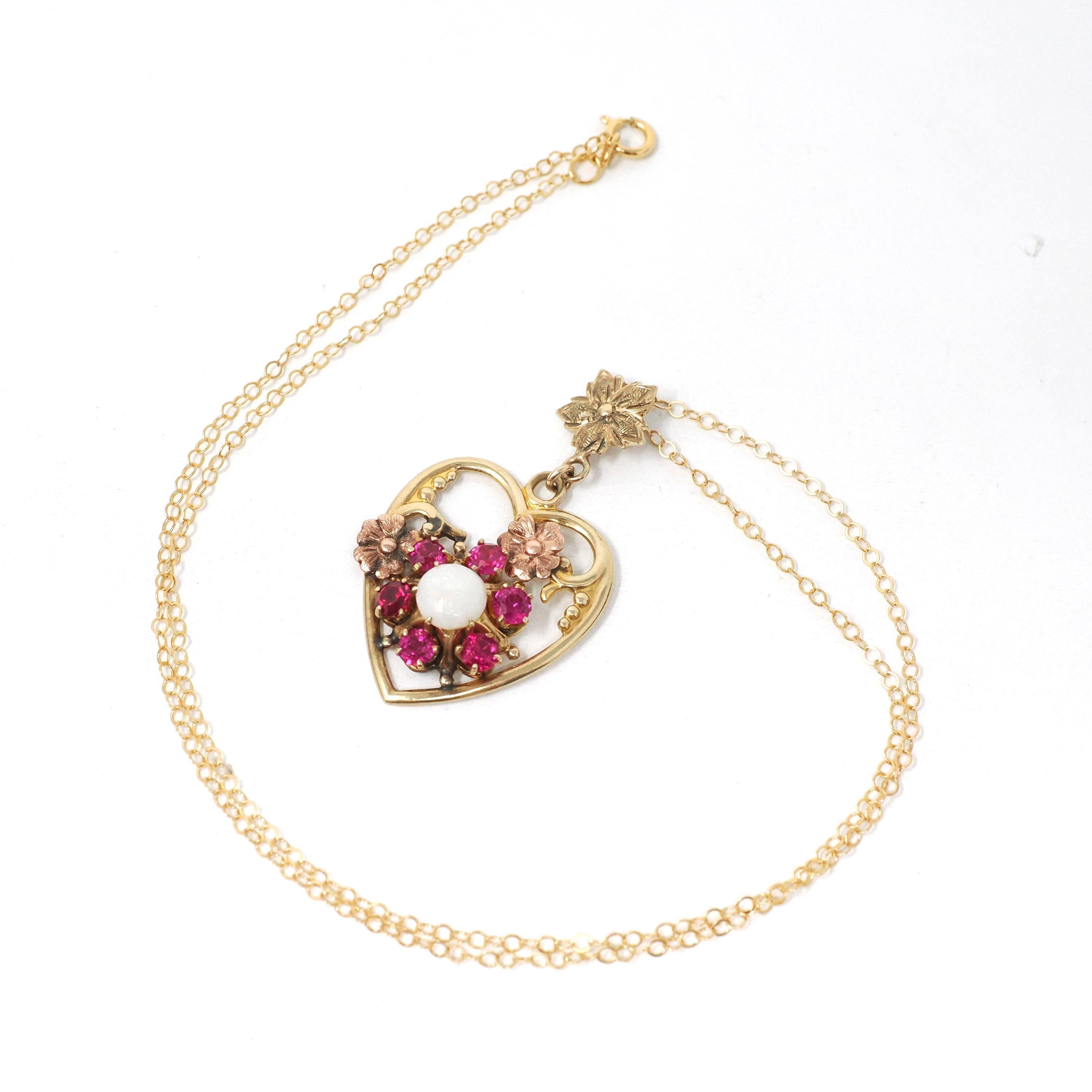 Gemstone Flower Heart Pendant - Mid Century 10k Yellow Rose Gold Opal Created Ruby Charm Necklace - Circa 1940s Era Fine Sweetheart Jewelry