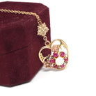 Gemstone Flower Heart Pendant - Mid Century 10k Yellow Rose Gold Opal Created Ruby Charm Necklace - Circa 1940s Era Fine Sweetheart Jewelry