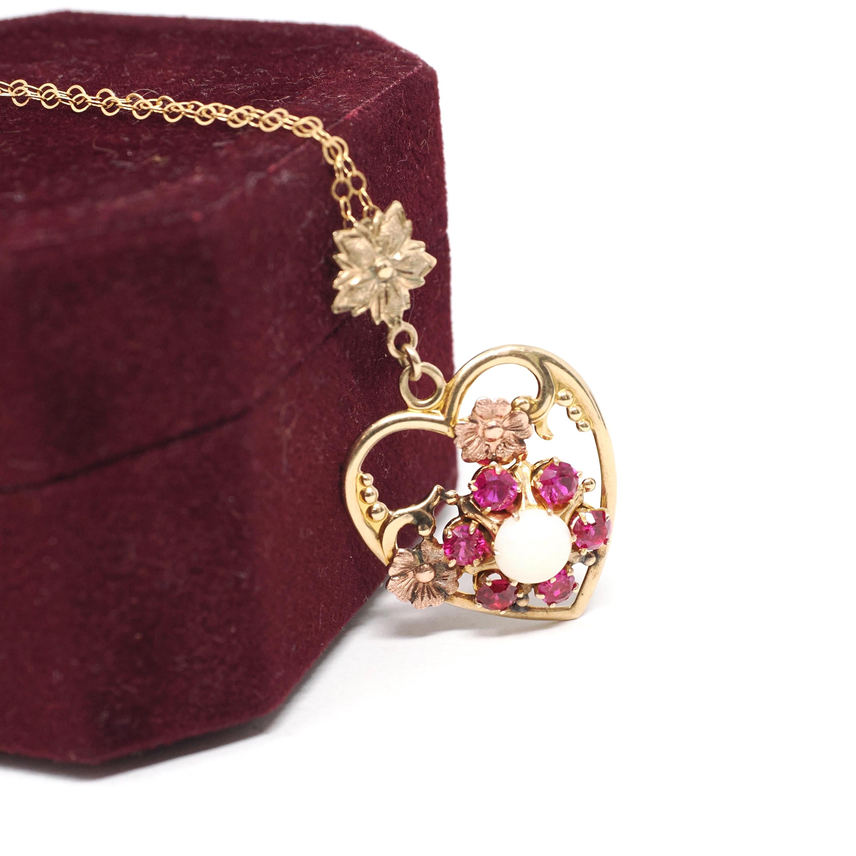 Gemstone Flower Heart Pendant - Mid Century 10k Yellow Rose Gold Opal Created Ruby Charm Necklace - Circa 1940s Era Fine Sweetheart Jewelry