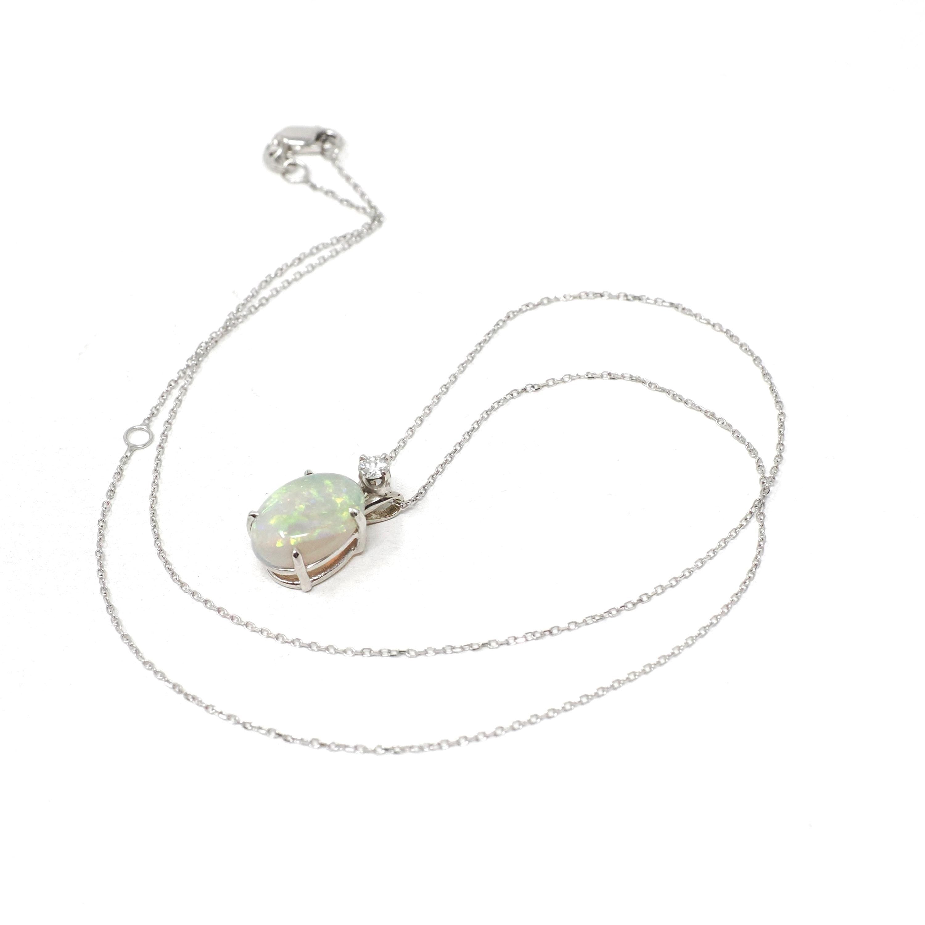 Opal & Diamond Pendant - Estate 14k White Gold Oval Cabochon Cut 2.26 CT Gem Necklace - Modern Circa 2000's October Birthstone Fine Jewelry