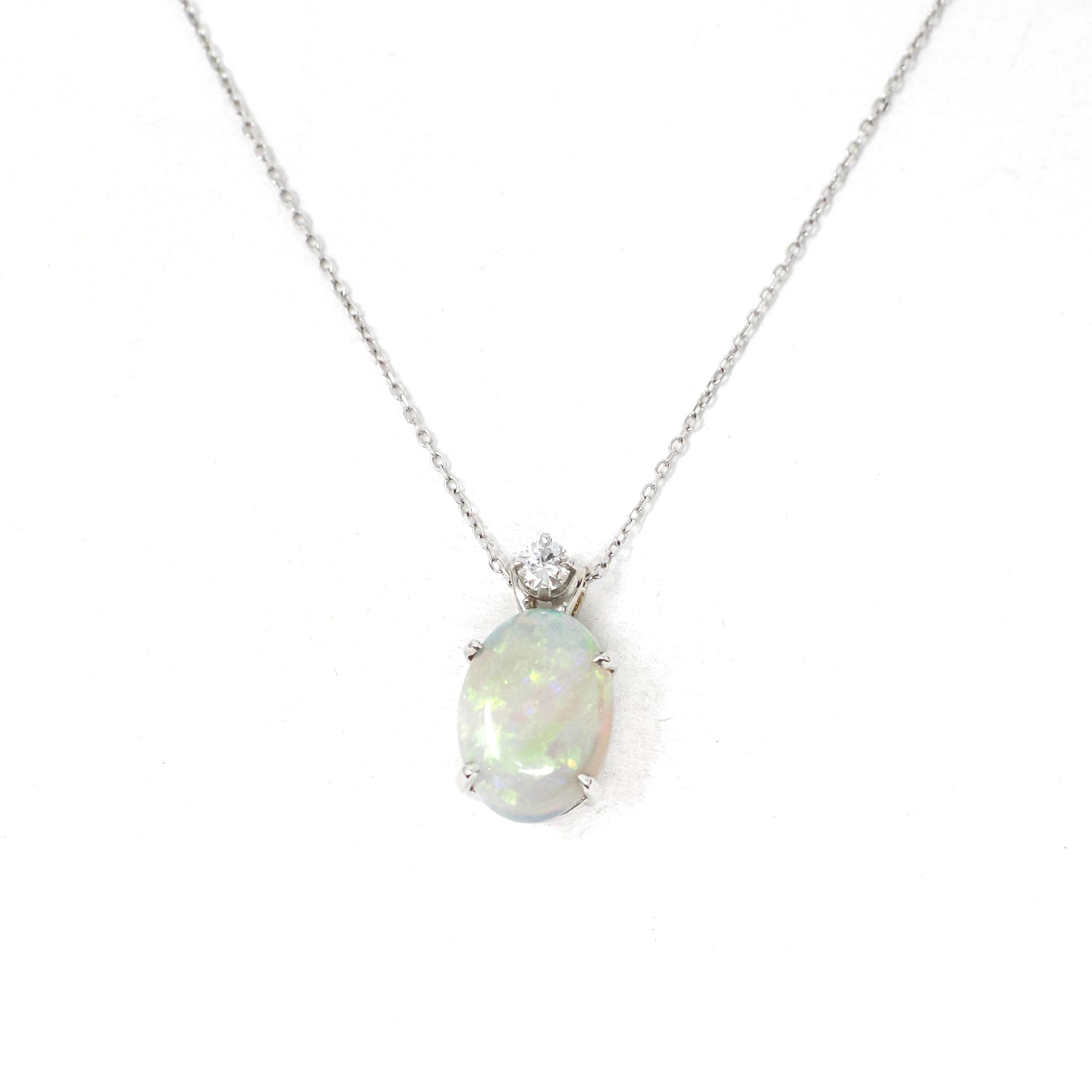 Opal & Diamond Pendant - Estate 14k White Gold Oval Cabochon Cut 2.26 CT Gem Necklace - Modern Circa 2000's October Birthstone Fine Jewelry