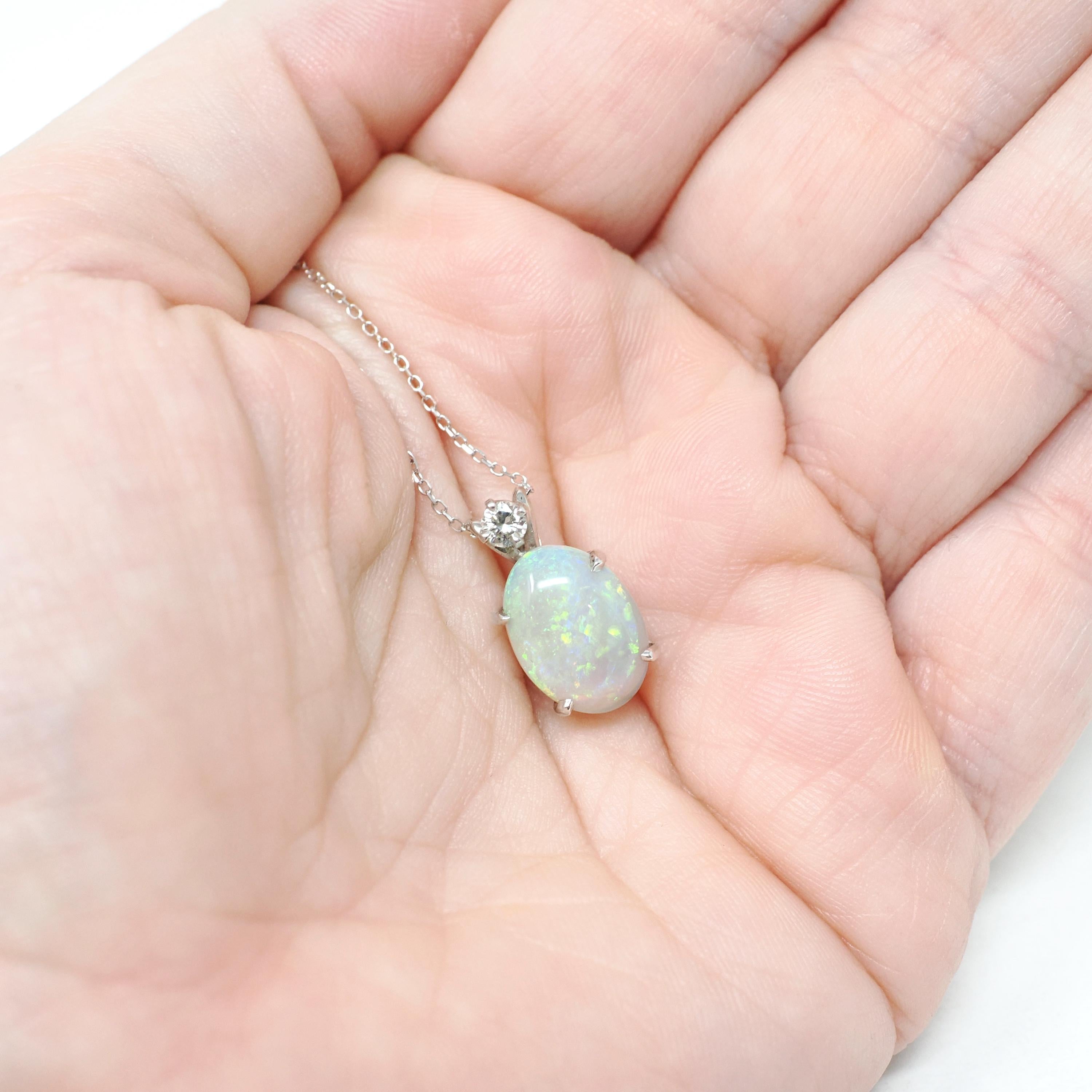Opal & Diamond Pendant - Estate 14k White Gold Oval Cabochon Cut 2.26 CT Gem Necklace - Modern Circa 2000's October Birthstone Fine Jewelry
