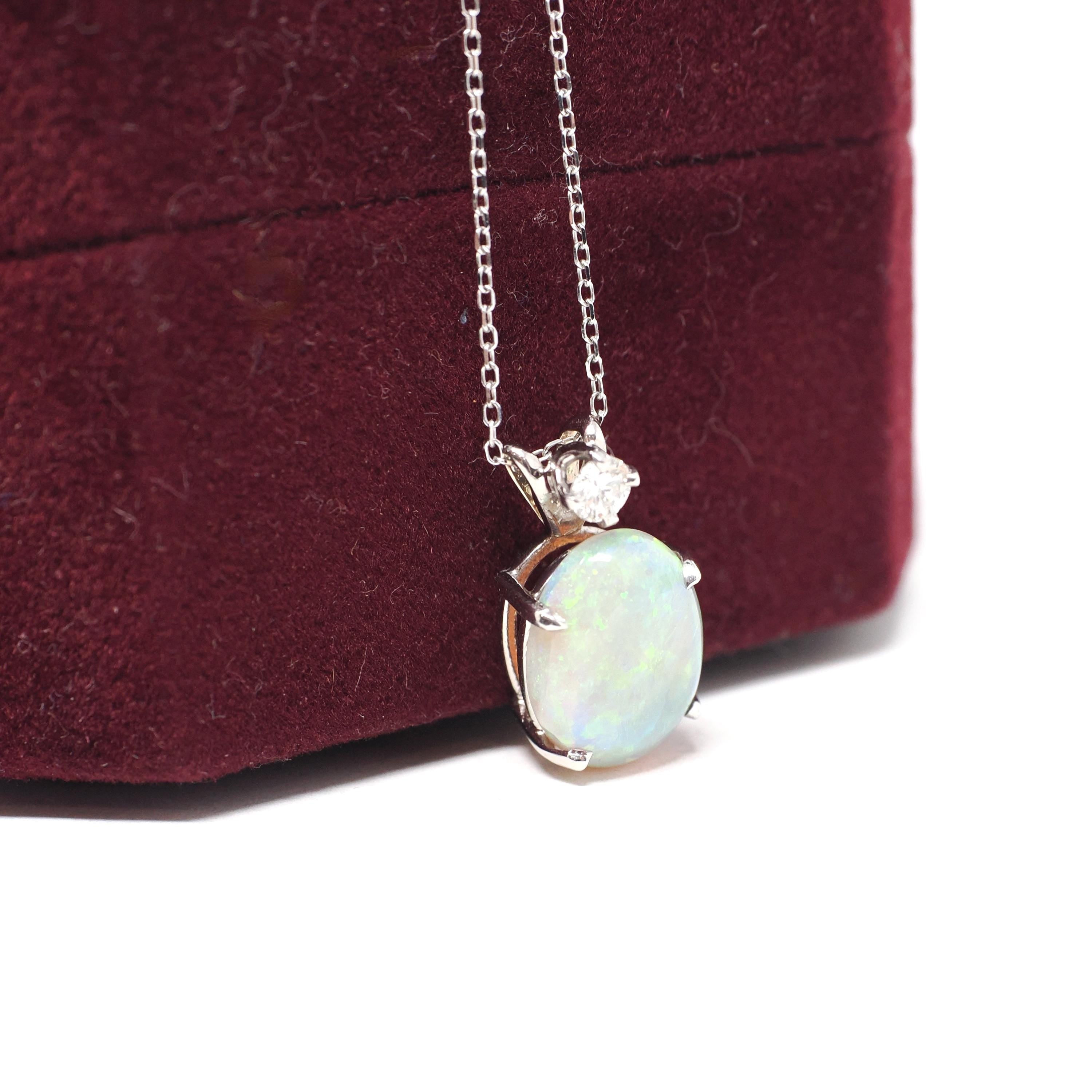Opal & Diamond Pendant - Estate 14k White Gold Oval Cabochon Cut 2.26 CT Gem Necklace - Modern Circa 2000's October Birthstone Fine Jewelry