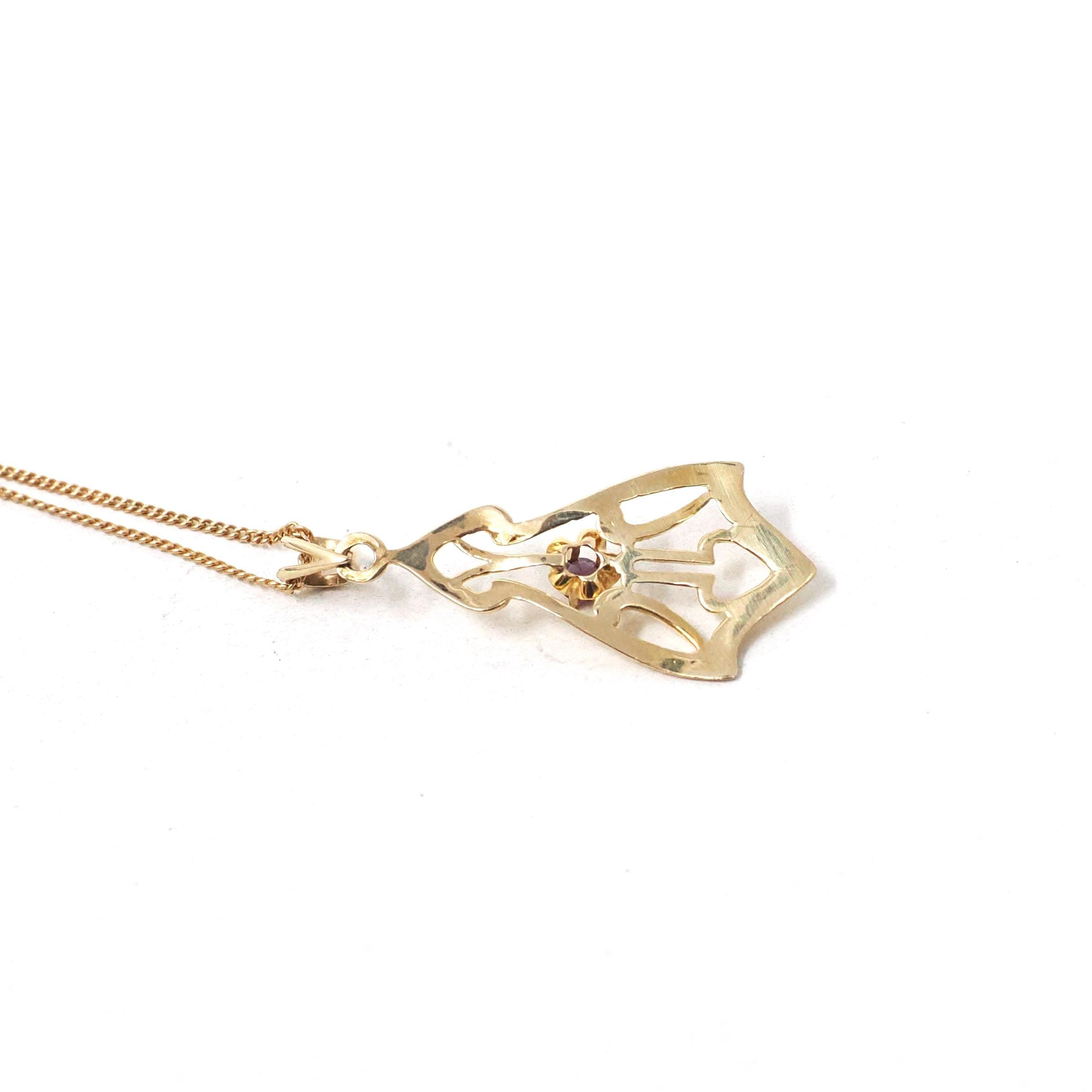 Antique Lavalier Necklace - Edwardian 10k Yellow Gold Round Faceted Purple Glass Stone Pendant - Vintage Circa 1910s Era Dainty Fine Jewelry