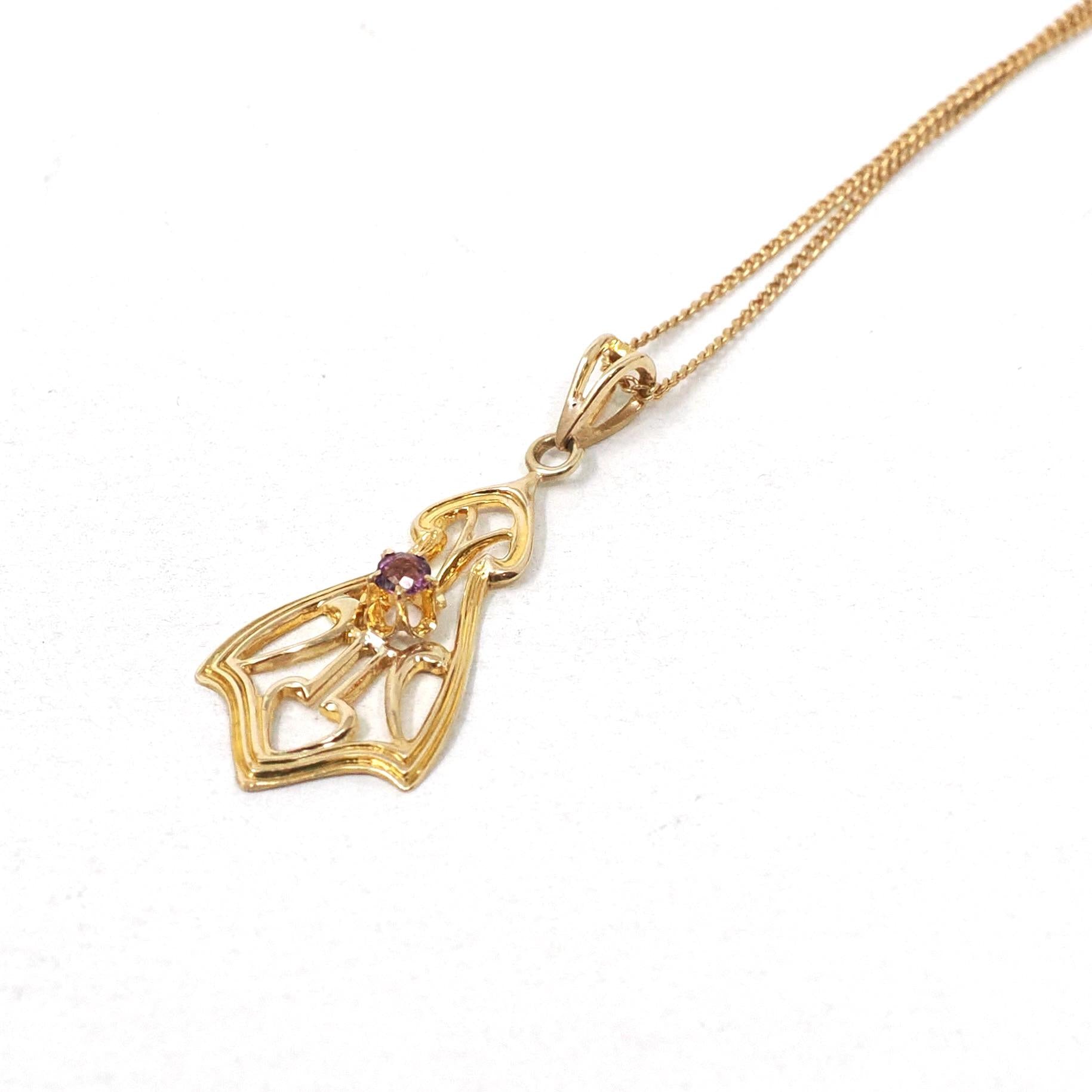 Antique Lavalier Necklace - Edwardian 10k Yellow Gold Round Faceted Purple Glass Stone Pendant - Vintage Circa 1910s Era Dainty Fine Jewelry