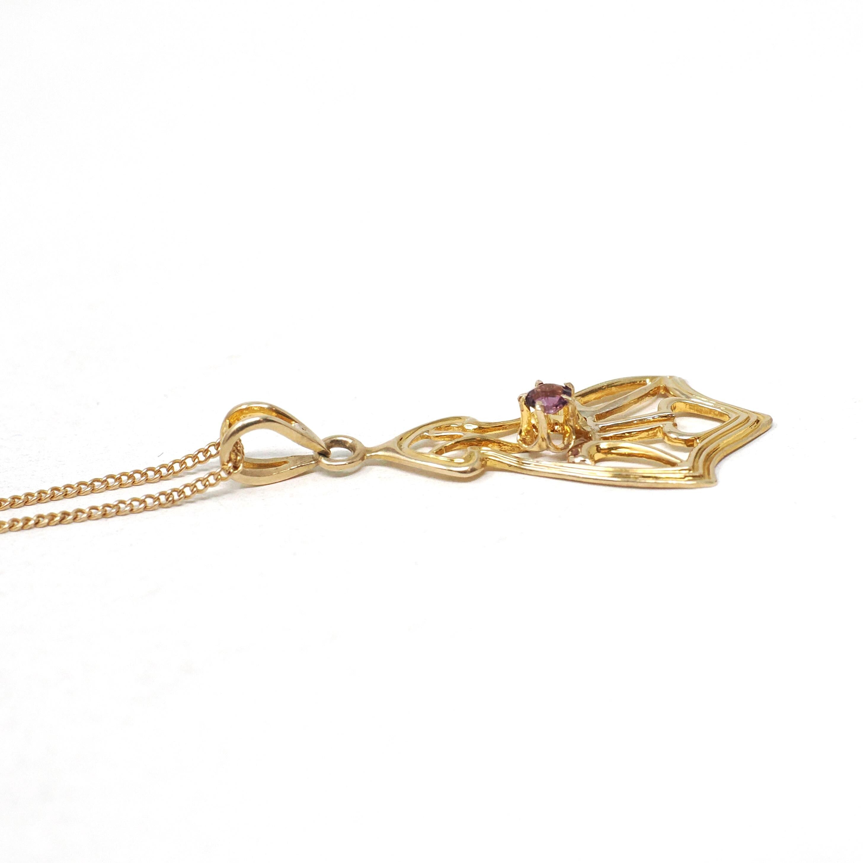 Antique Lavalier Necklace - Edwardian 10k Yellow Gold Round Faceted Purple Glass Stone Pendant - Vintage Circa 1910s Era Dainty Fine Jewelry