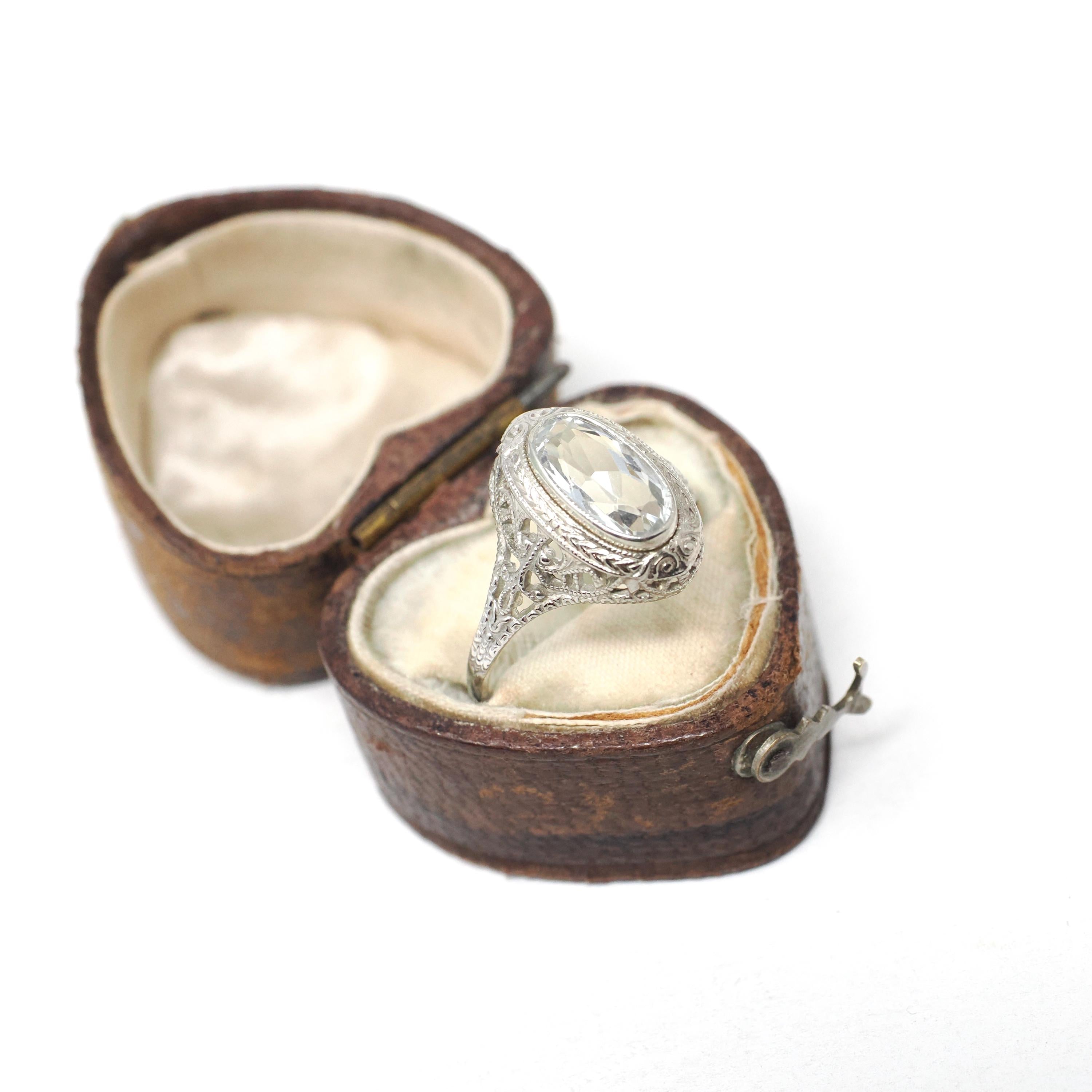Vintage Aquamarine Ring - Art Deco 14k White Gold Oval Blue Bezel Gemstone Solitaire - Circa 1930s Size 6 Engagement Filigree Fine Jewelry