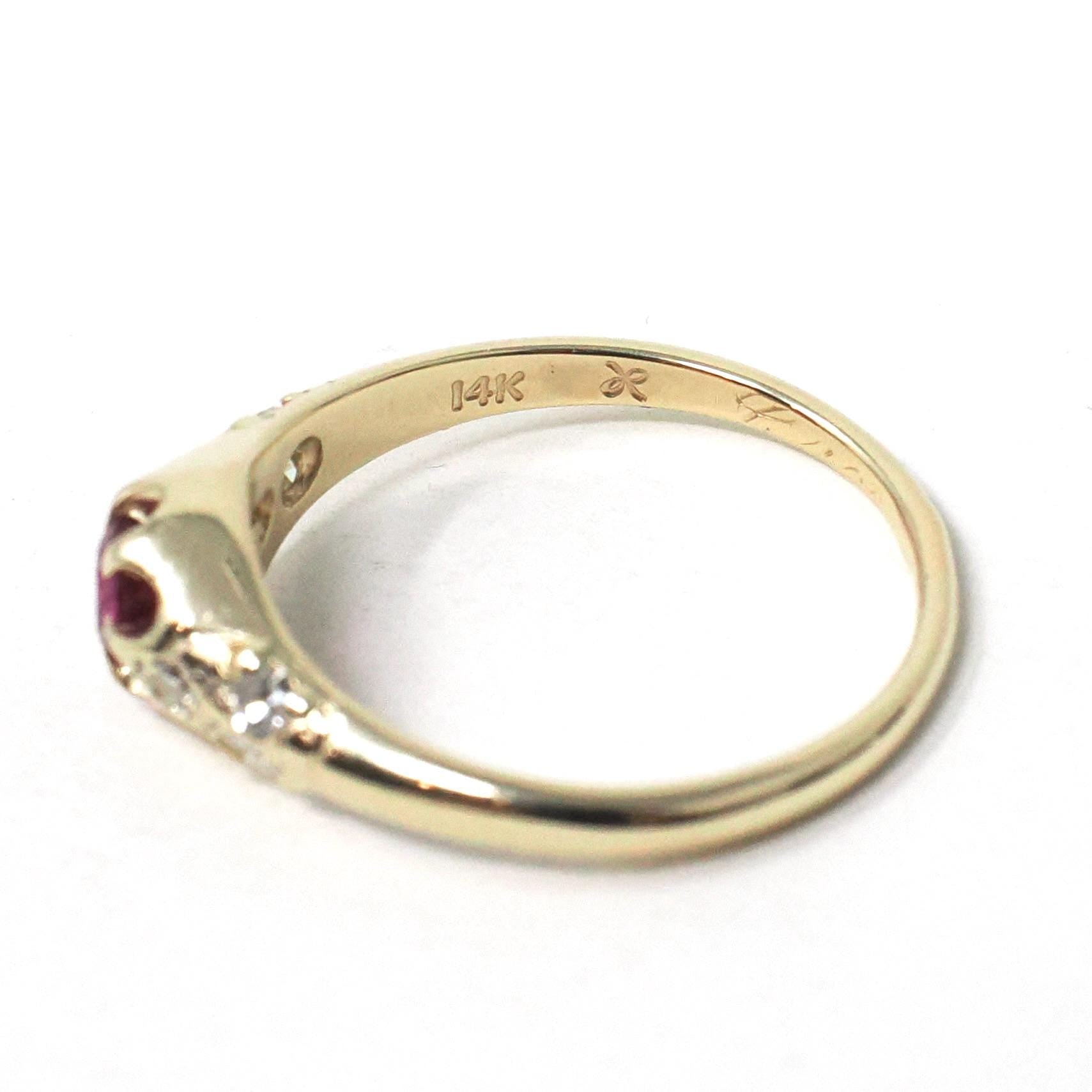 Vintage Ruby & Diamond Ring - Retro Era 14k Yellow Gold Natural Red Gemstone - Circa 1970s Size 6 Engagement Anniversary Fine Bridal Jewelry