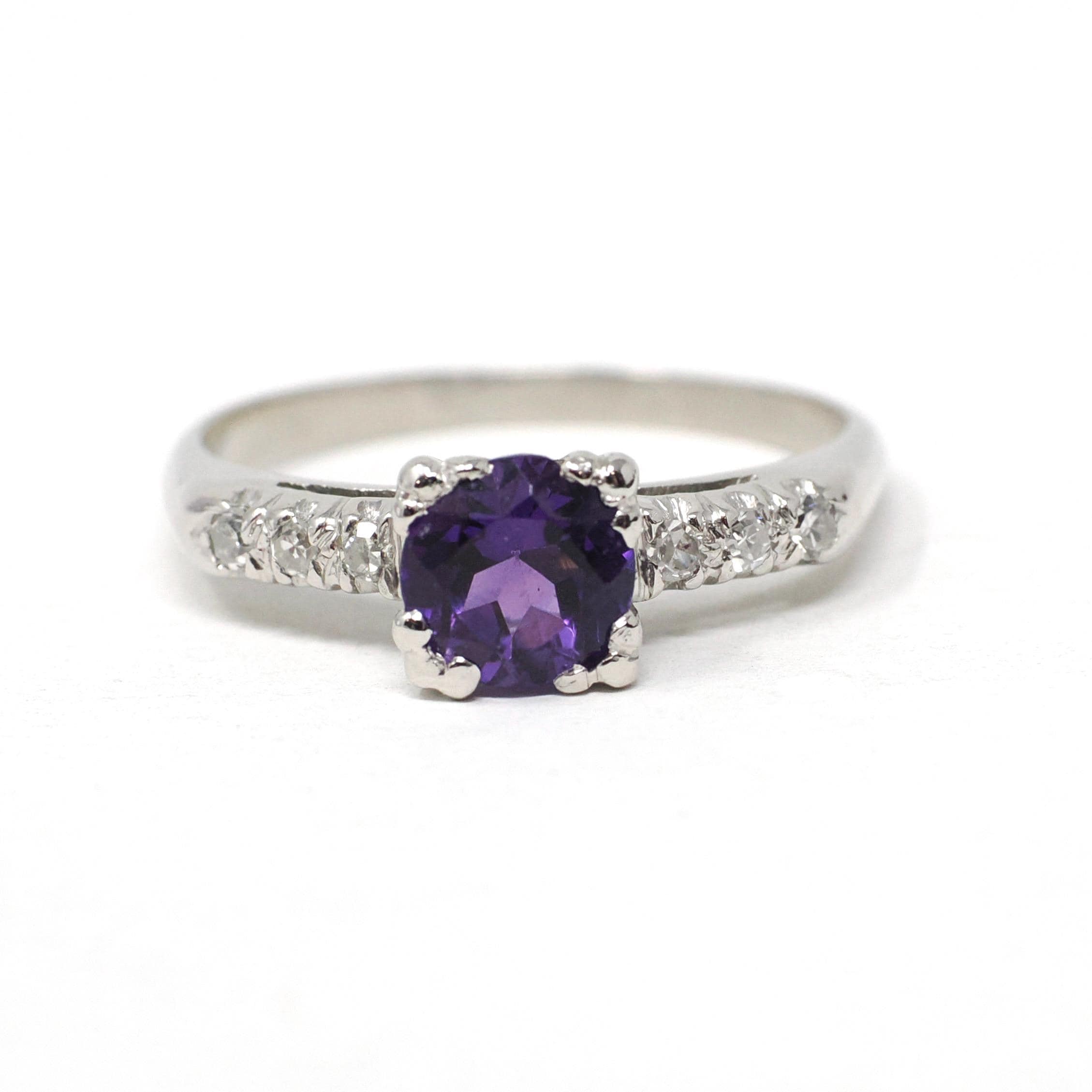Mid Century Amethyst Ring - Vintage Platinum Natural Purple Gem & Diamonds - Circa 1950s Era Size 6 3/4 Alternative Engagement Fine Jewelry