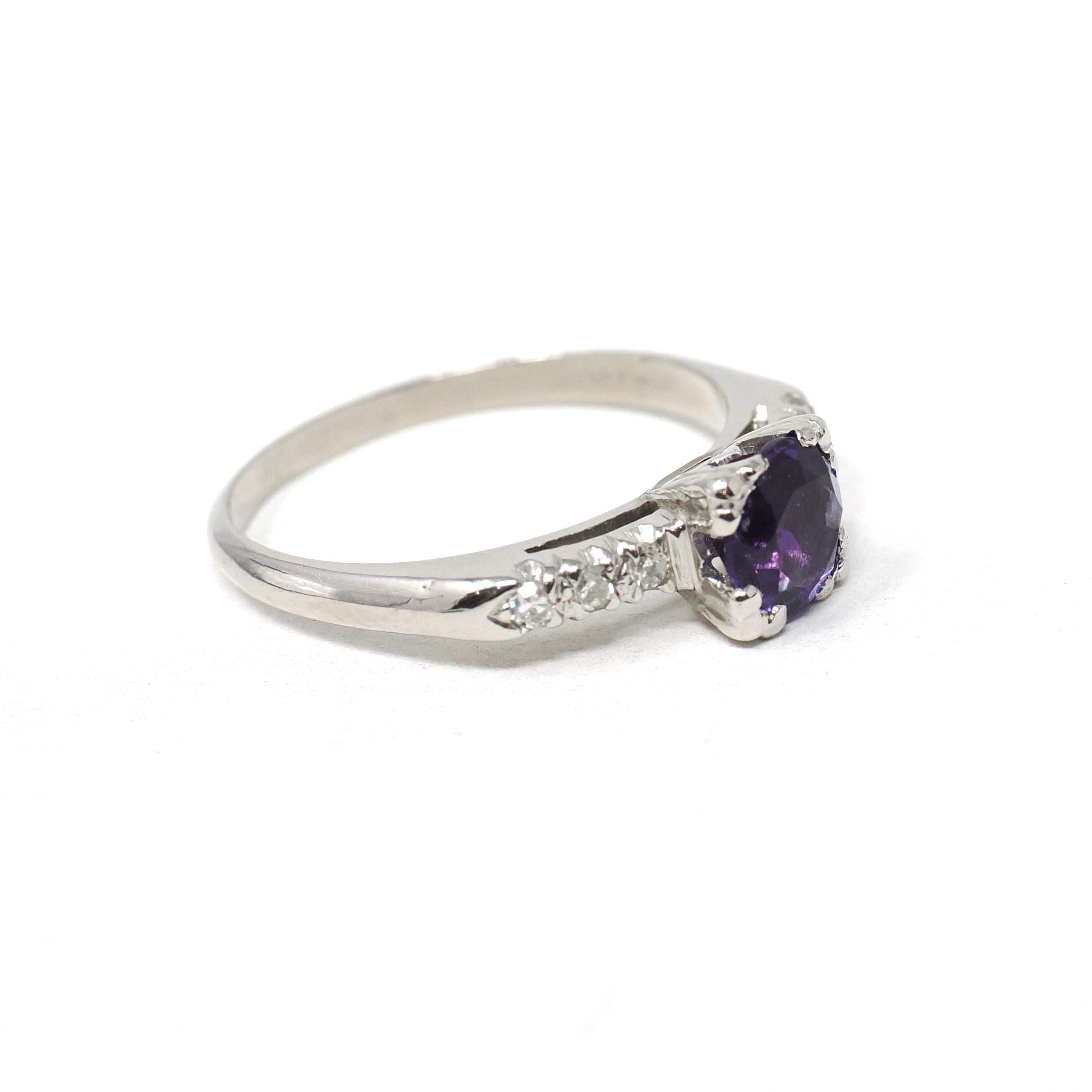 Mid Century Amethyst Ring - Vintage Platinum Natural Purple Gem & Diamonds - Circa 1950s Era Size 6 3/4 Alternative Engagement Fine Jewelry