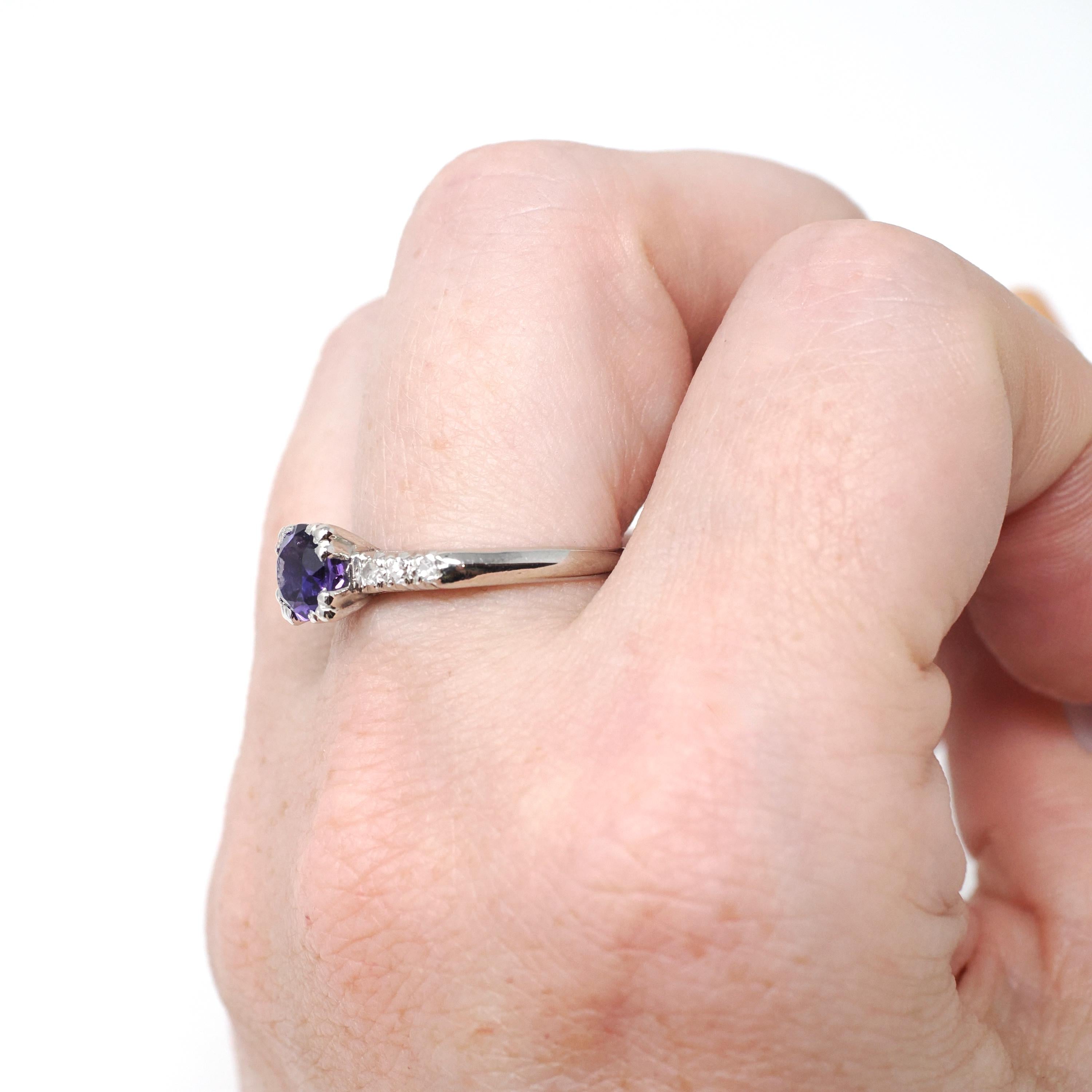 Mid Century Amethyst Ring - Vintage Platinum Natural Purple Gem & Diamonds - Circa 1950s Era Size 6 3/4 Alternative Engagement Fine Jewelry