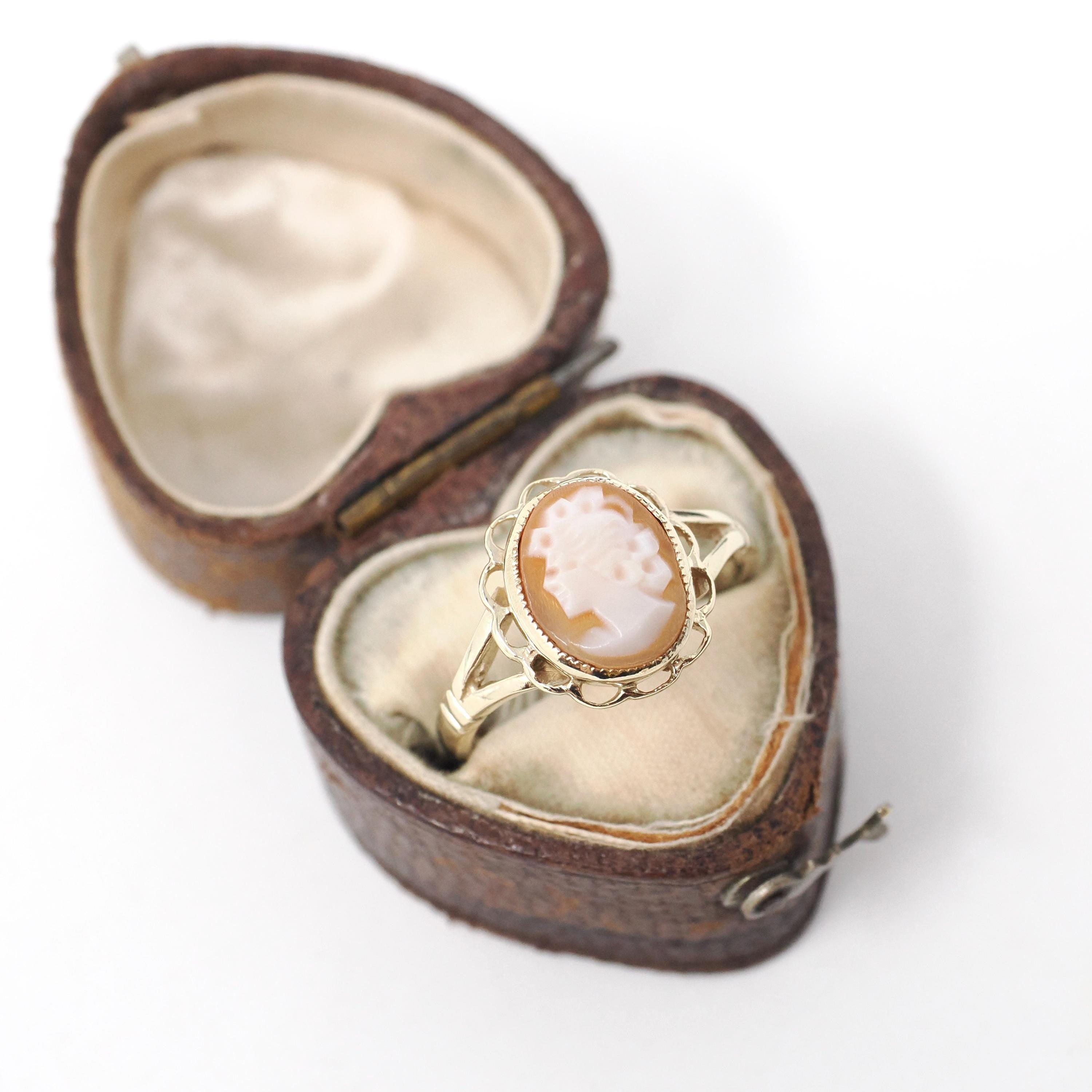 Vintage Cameo Ring - Retro 9k Yellow Gold Carved Natural Oval Shell Woman's Profile - Hallmarked 1976 Size 6 1/2 Scalloped Halo Fine Jewelry