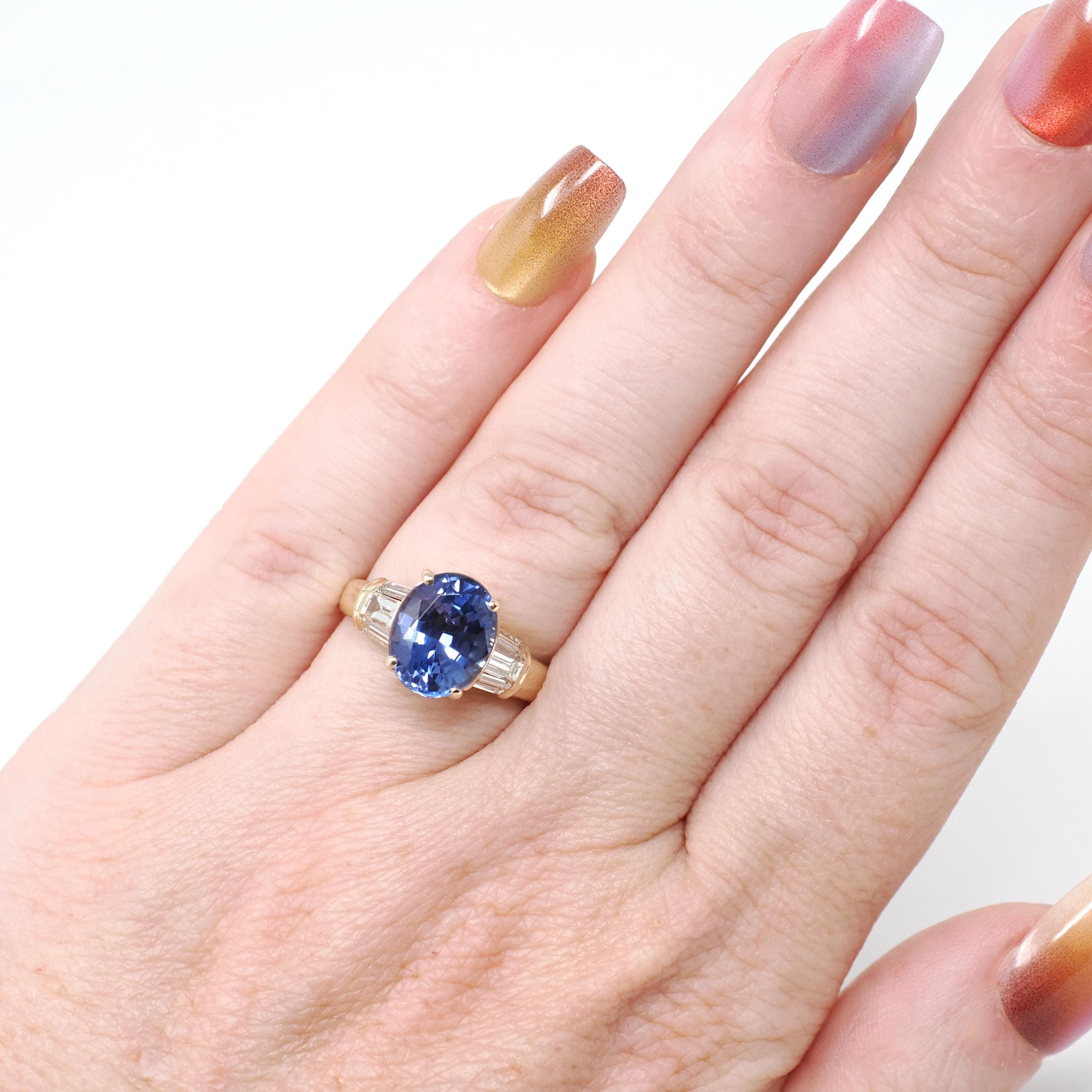 Tanzanite & Diamond Ring - Modern 14k Yellow Gold Natural Oval Purple Blue Gemstone - Estate Circa 2000's Size 4 1/4 Engagement Fine Jewelry