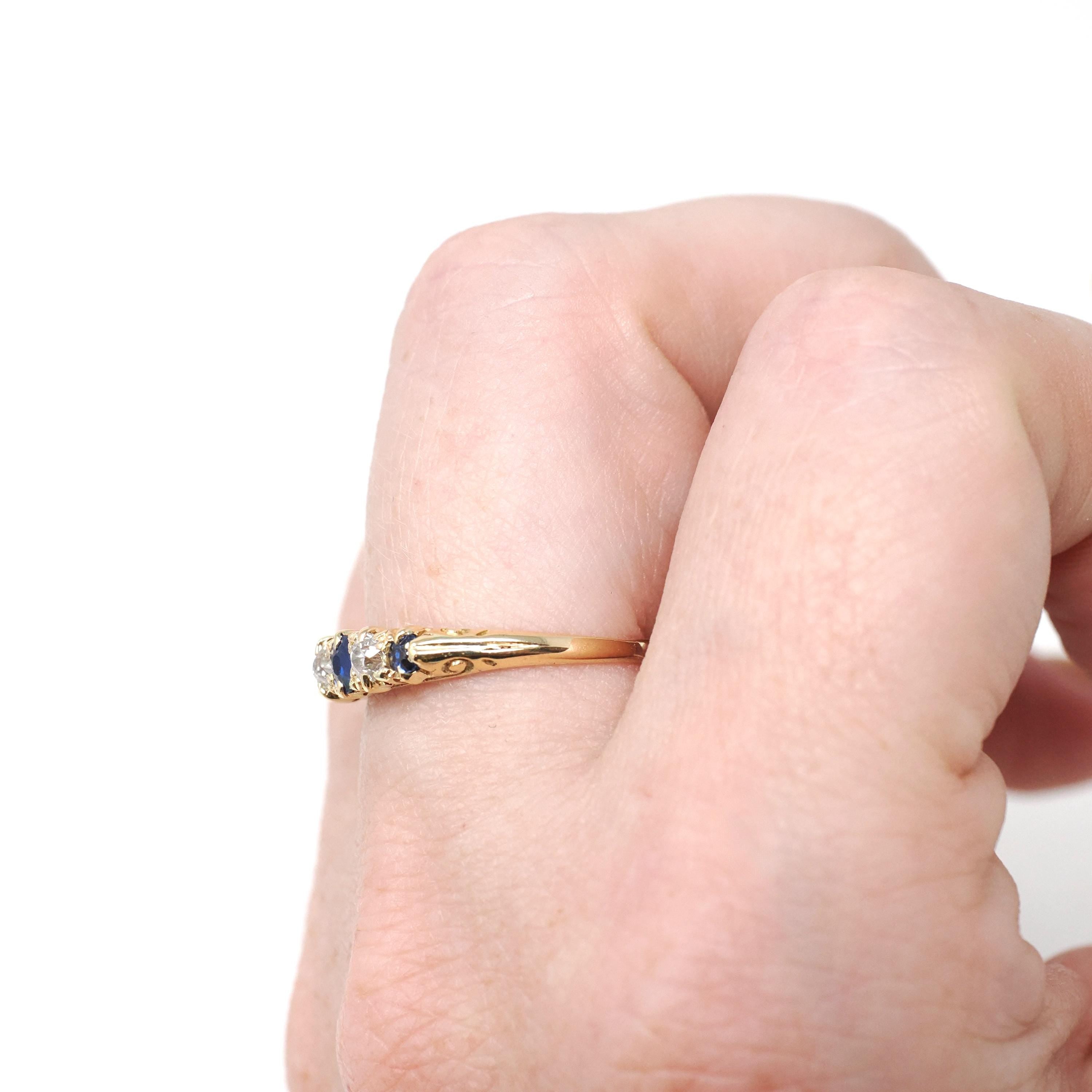 Antique Sapphire & Diamond Band - Edwardian 18k Yellow Gold Natural Blue Gem Wedding Stacking Ring - Vintage 1900s Size 6 1/4 Fine Jewelry