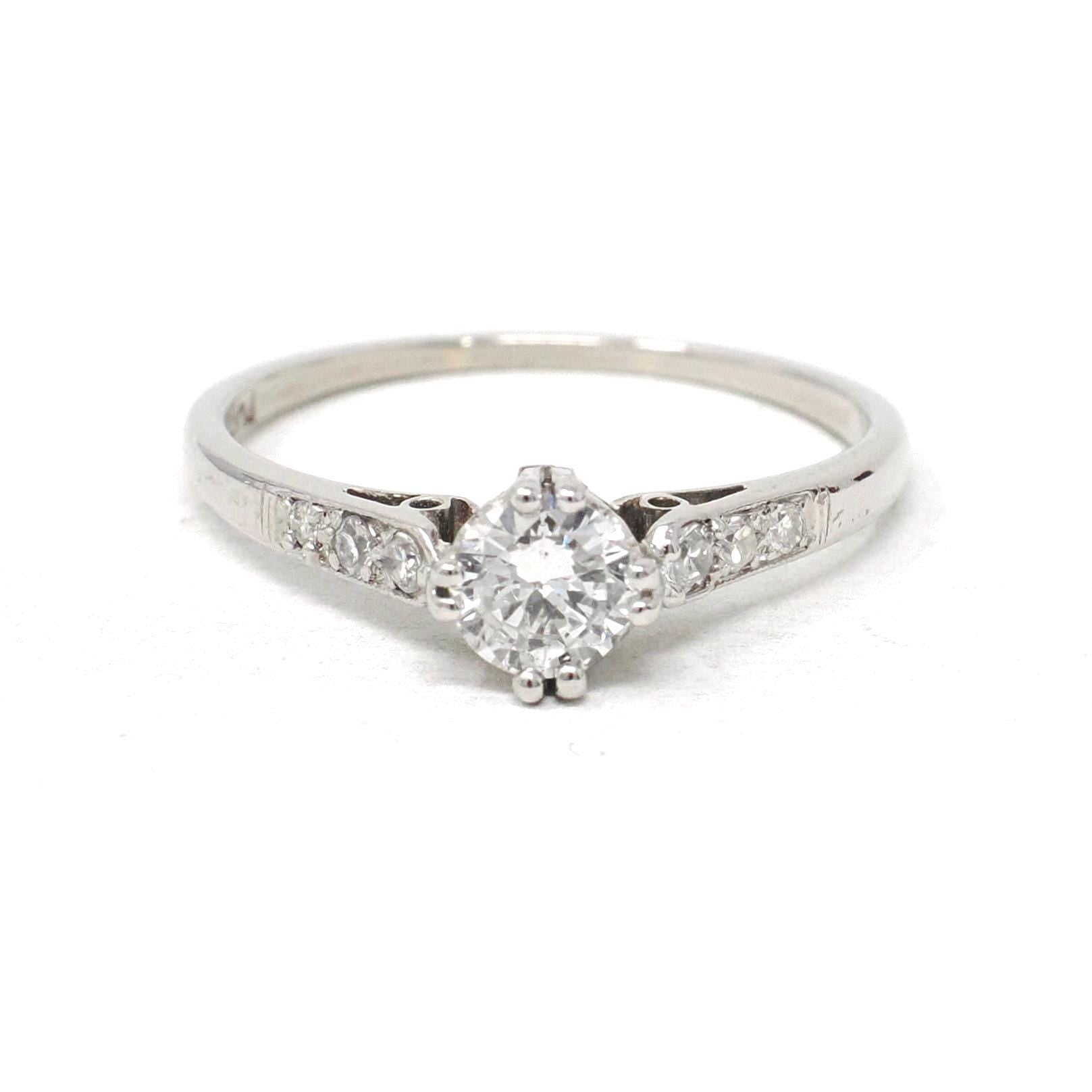 Mid Century Diamond Ring - Vintage Platinum Natural .48 CTW Classic Accented Engagement - Circa 1950s Era Size 7 Fine Bridal Wedding Jewelry