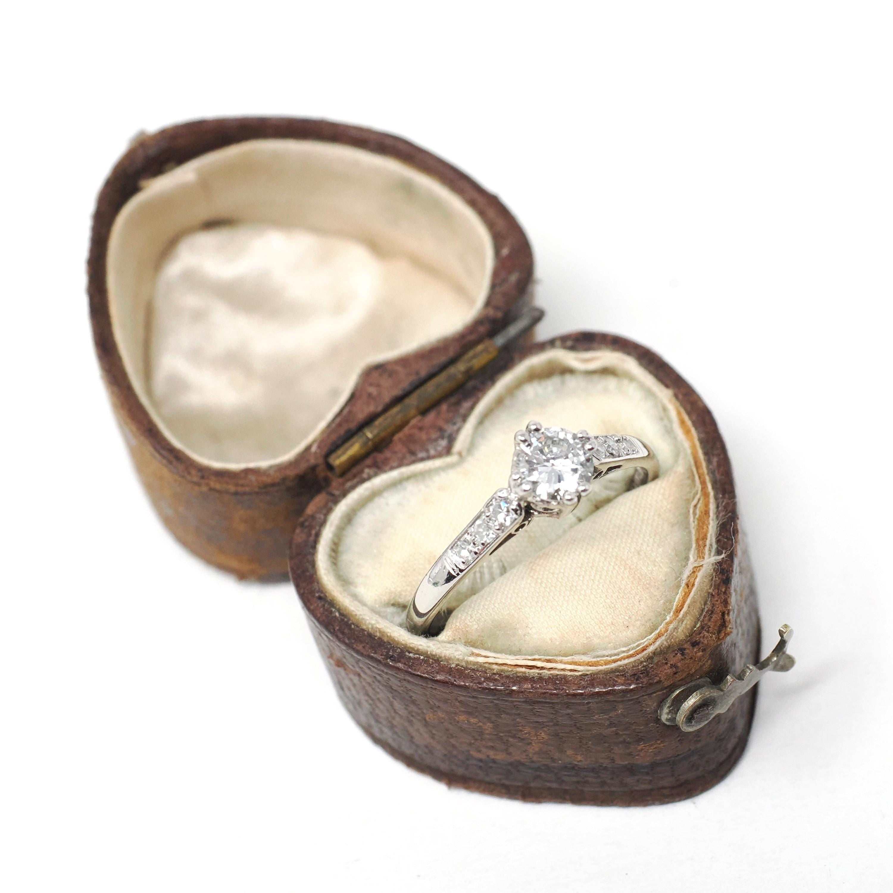 Mid Century Diamond Ring - Vintage Platinum Natural .48 CTW Classic Accented Engagement - Circa 1950s Era Size 7 Fine Bridal Wedding Jewelry