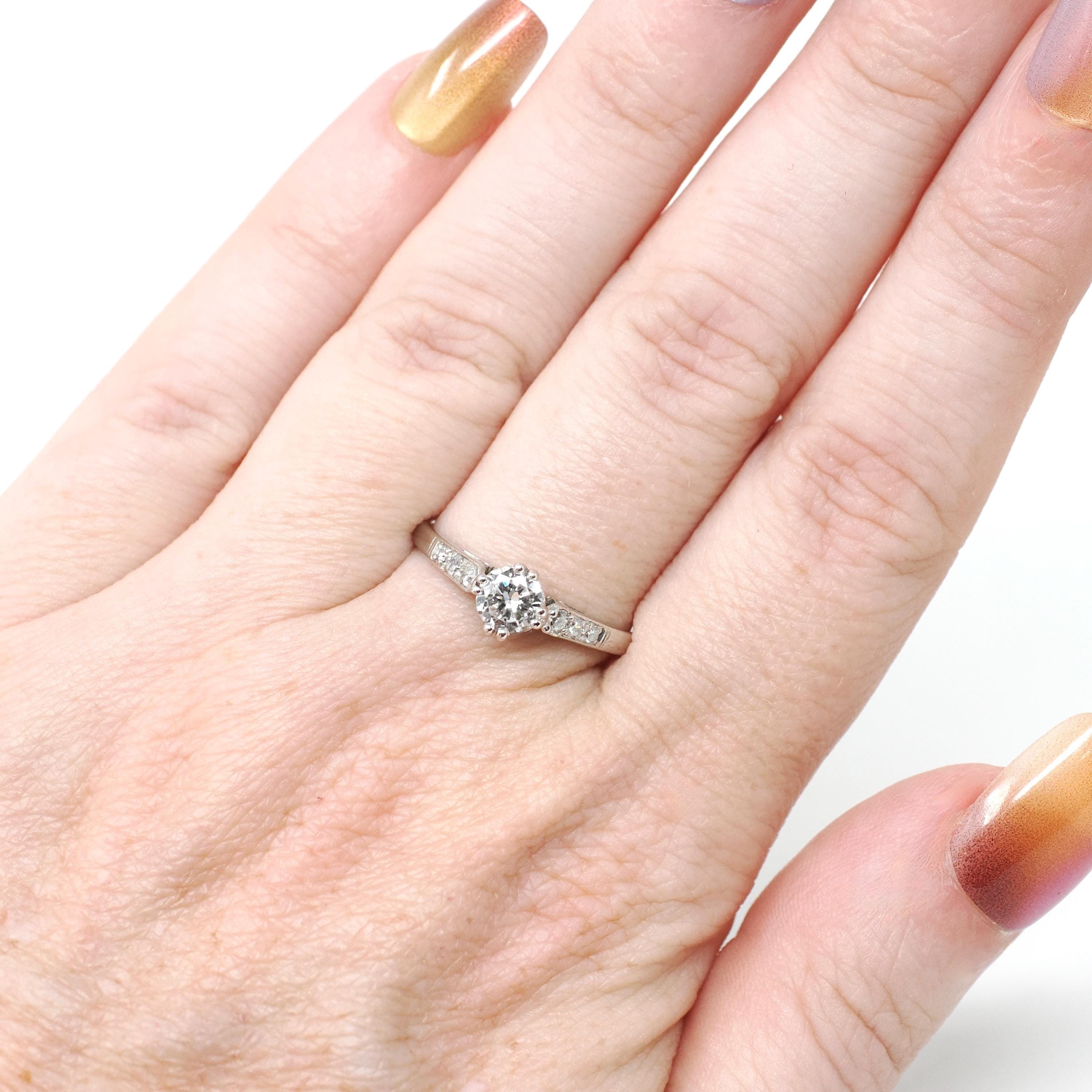 Mid Century Diamond Ring - Vintage Platinum Natural .48 CTW Classic Accented Engagement - Circa 1950s Era Size 7 Fine Bridal Wedding Jewelry