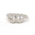 Double Heart Ring - Mid Century 10k White Gold Sweetheart Promise Love - Vintage Circa 1950s Era Size 6 Natural Diamonds Fine Jewelry