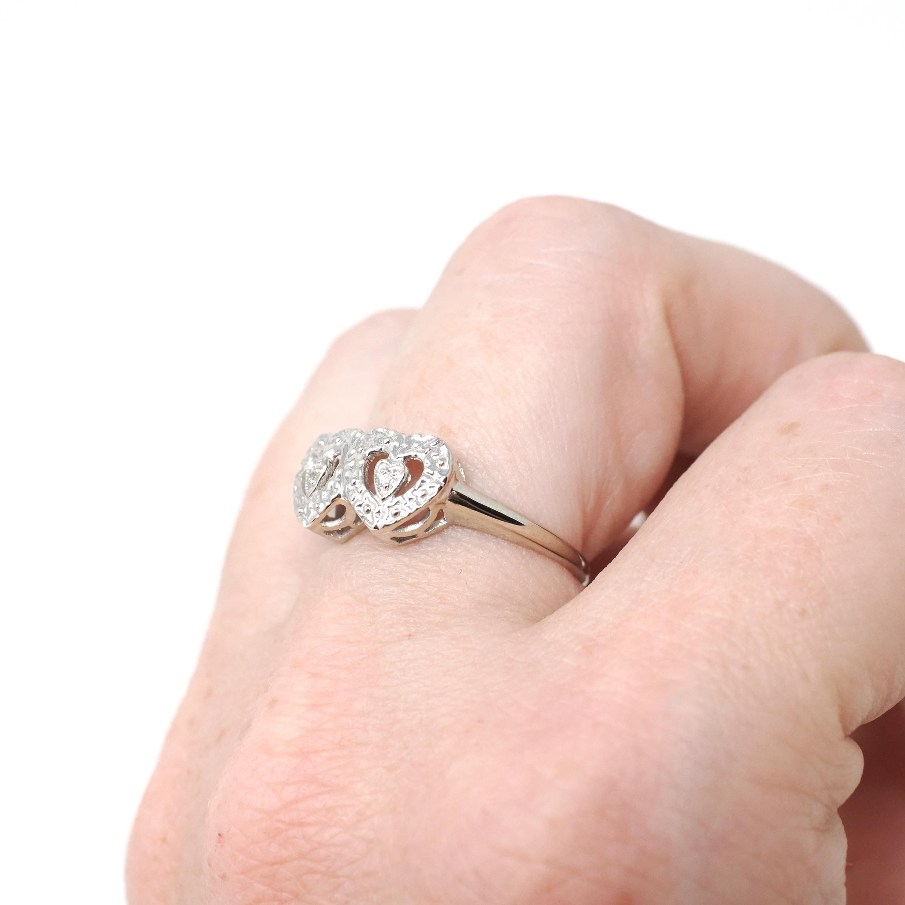 Double Heart Ring - Mid Century 10k White Gold Sweetheart Promise Love - Vintage Circa 1950s Era Size 6 Natural Diamonds Fine Jewelry