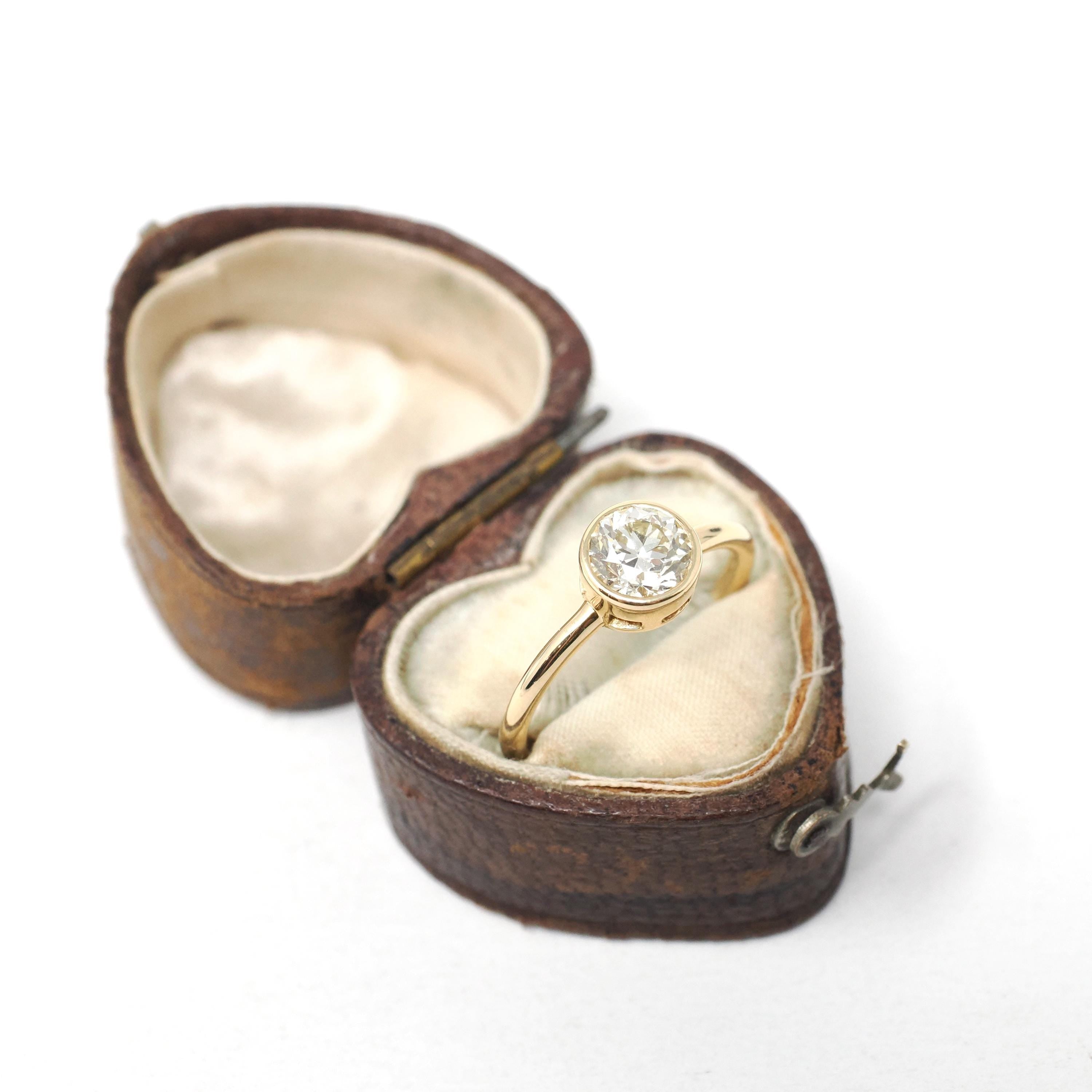 Antique .91 ct Old European Cut Diamond Engagement Ring - 18k Yellow Gold Bezel Set Vintage Solitaire - Modern Size 6 1/4 Fine Jewelry