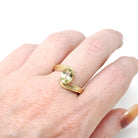 Chrysoberyl Bypass Ring - Modern 18k Yellow Gold Natural Light Green Oval Gemstone Solitaire - Vintage Estate 2000s Era Size 8 Fine Jewelry