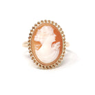 Vintage Cameo Ring - Mid Century 10k Yellow Gold Carved Shell Twisted Rope Halo Style - Circa 1940s Size 6 1/4 Woman's Profile Fine Jewelry