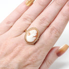 Vintage Cameo Ring - Mid Century 10k Yellow Gold Carved Shell Twisted Rope Halo Style - Circa 1940s Size 6 1/4 Woman's Profile Fine Jewelry