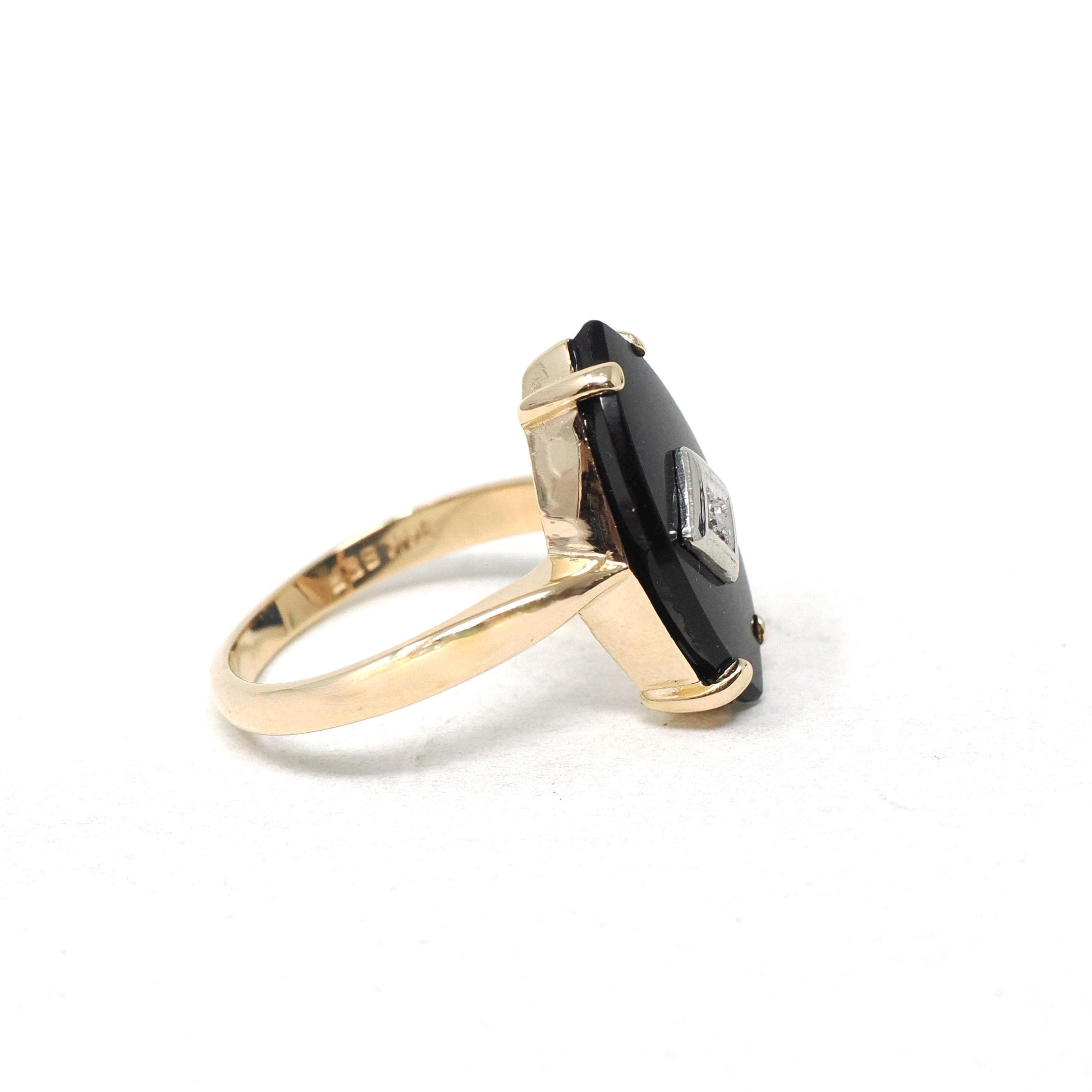 Vintage Onyx Ring - Mid Century 14k Yellow Gold Marquise Black Chalcedony Natural Diamond - Circa 1960s Size 5 3/4 Statement Fine Jewelry