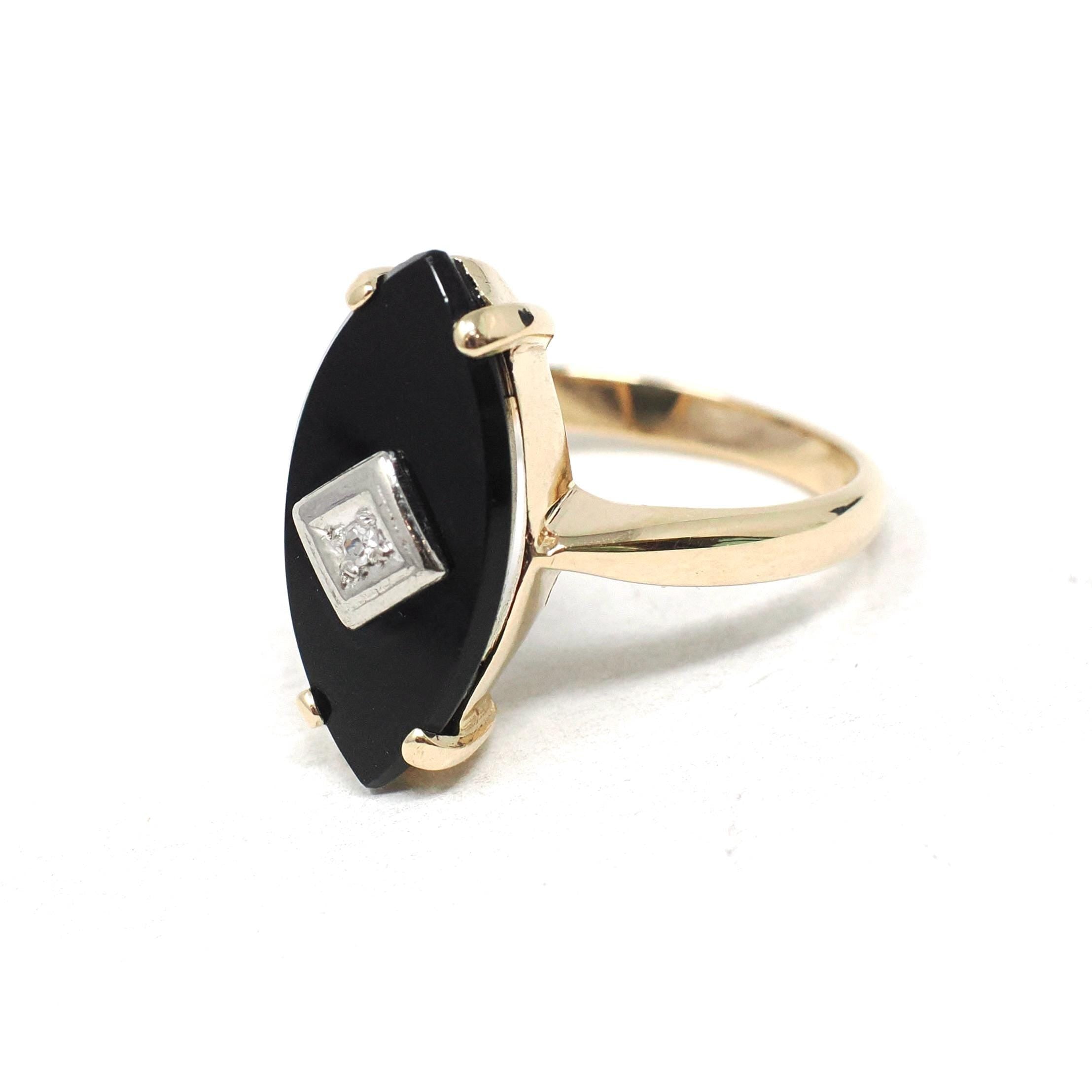 Vintage Onyx Ring - Mid Century 14k Yellow Gold Marquise Black Chalcedony Natural Diamond - Circa 1960s Size 5 3/4 Statement Fine Jewelry