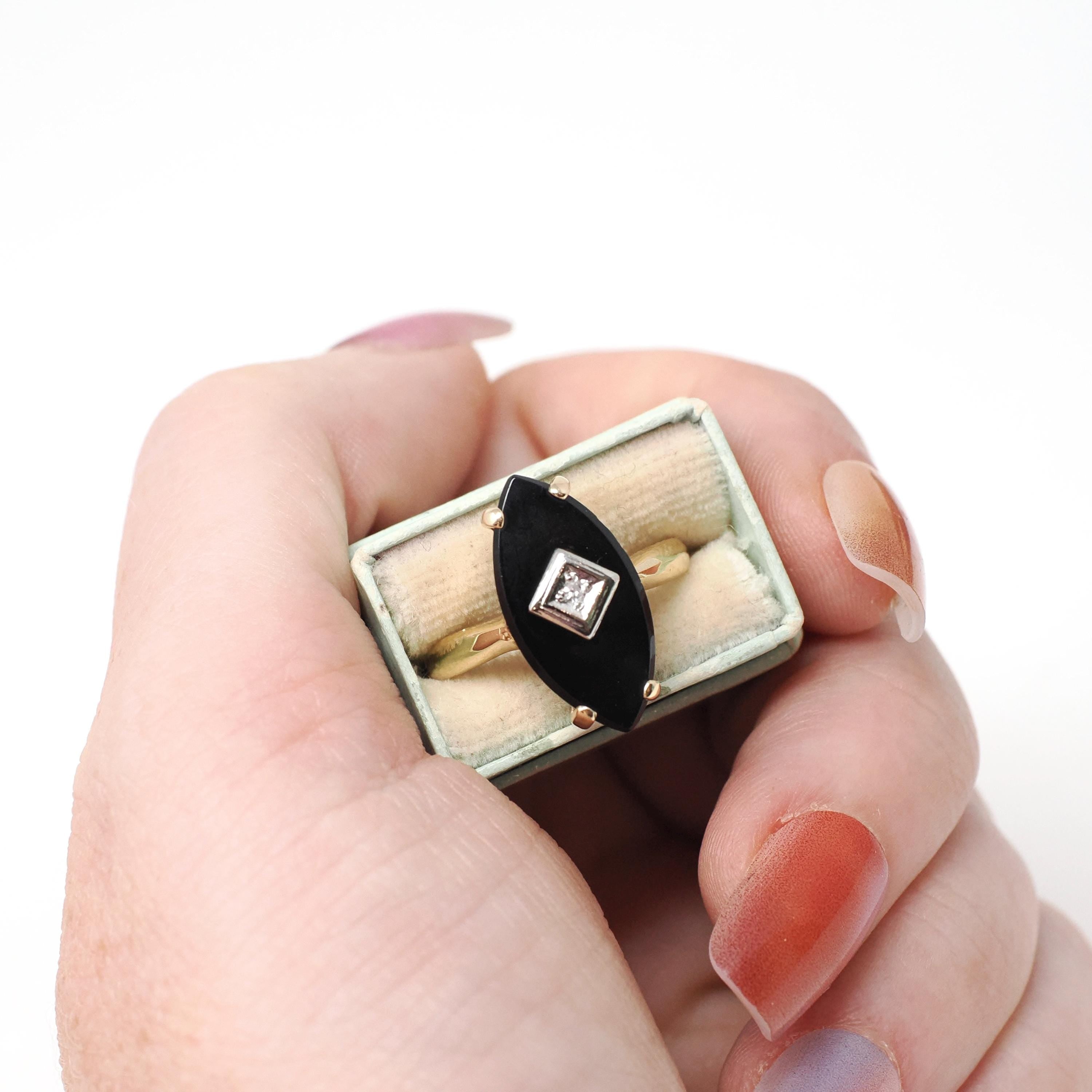Vintage Onyx Ring - Mid Century 14k Yellow Gold Marquise Black Chalcedony Natural Diamond - Circa 1960s Size 5 3/4 Statement Fine Jewelry